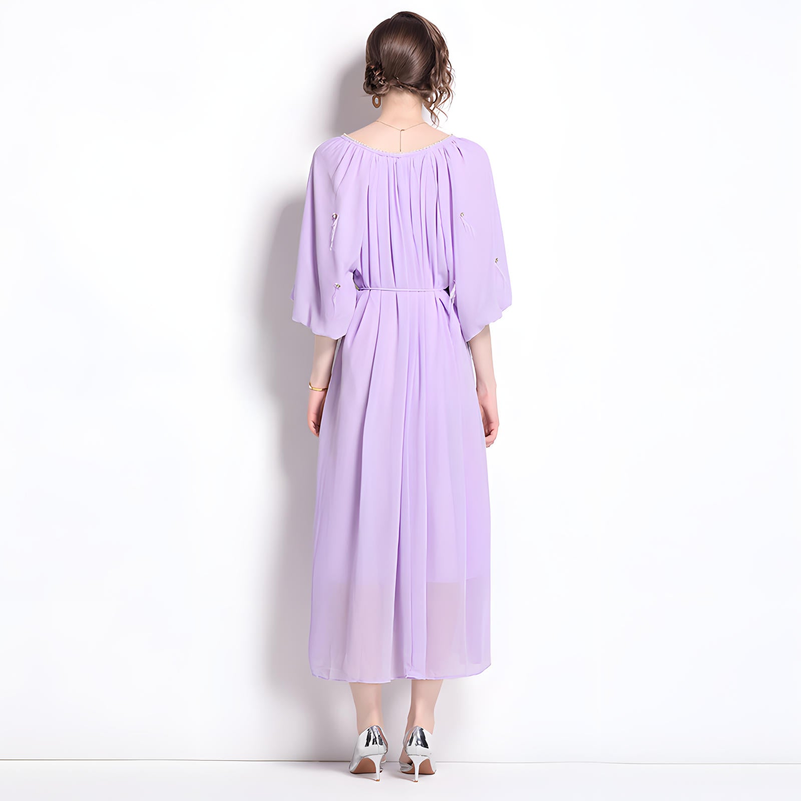 Tassel and Jewel Embellished Lavender Chiffon Dress - 808431656493_LAV