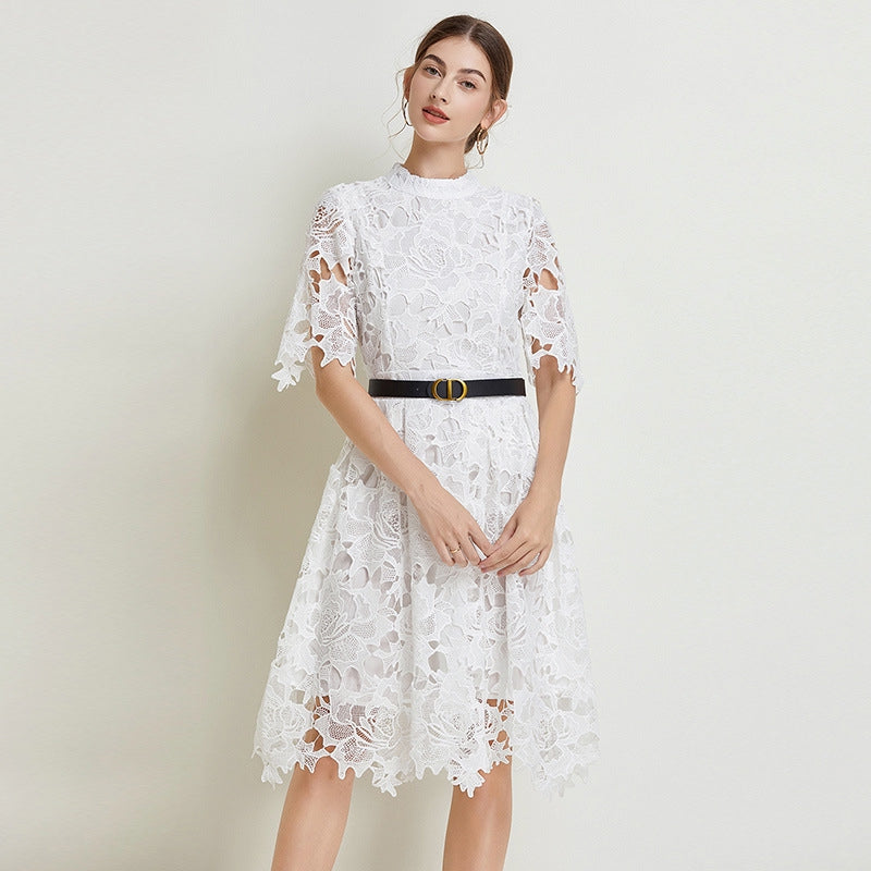 French Lace high Neck Short Dress With Belt - 812368811391_WHI