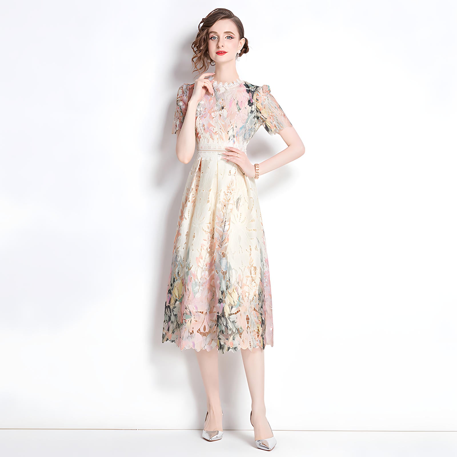 French Printed Flower Lace Jewel Neckline Retro Dress - 795247212577_BAS