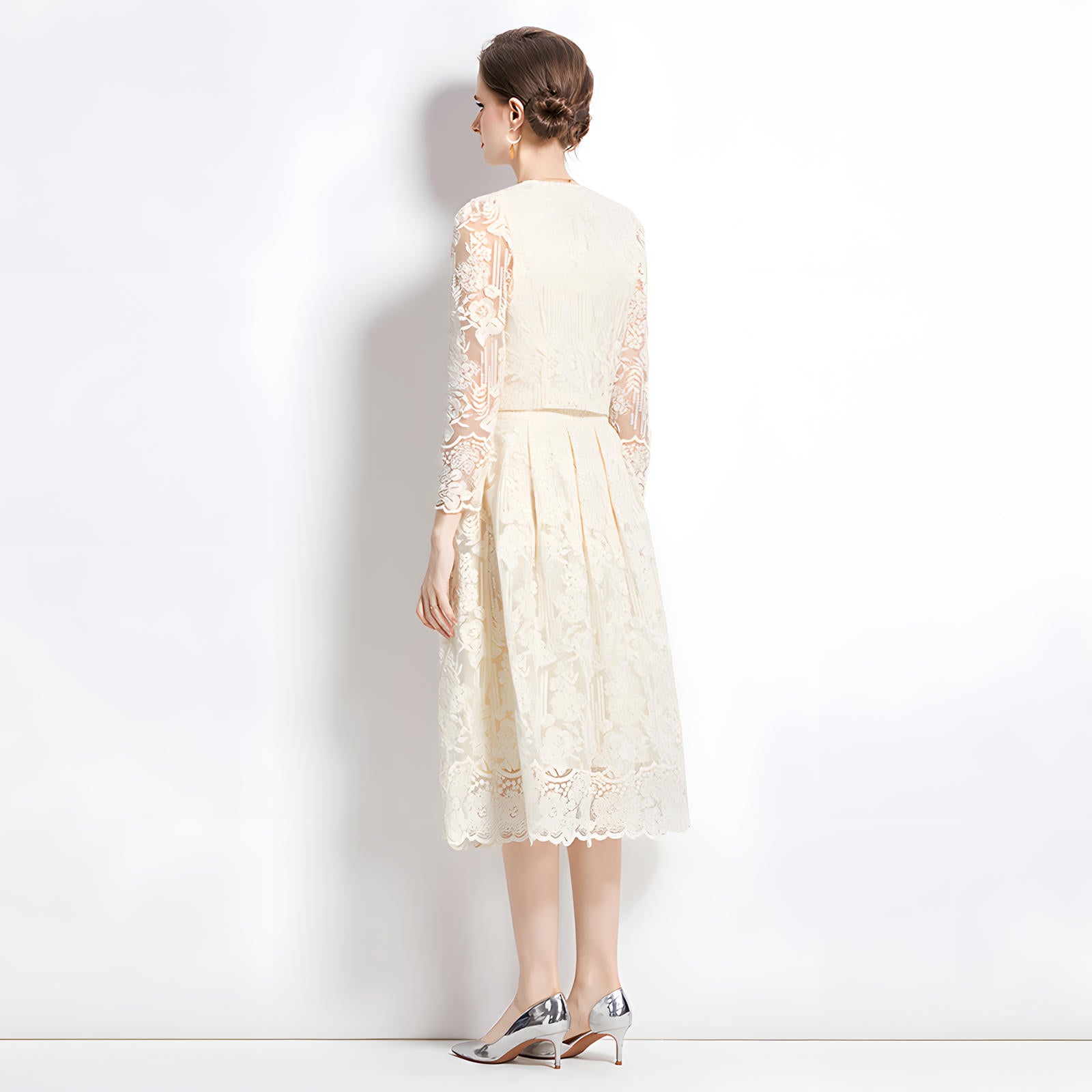 Embroidered French Lace Single Breasted Full Sleeve Blouse and Skirt Two Piece Set - 8566 #607_WHITE