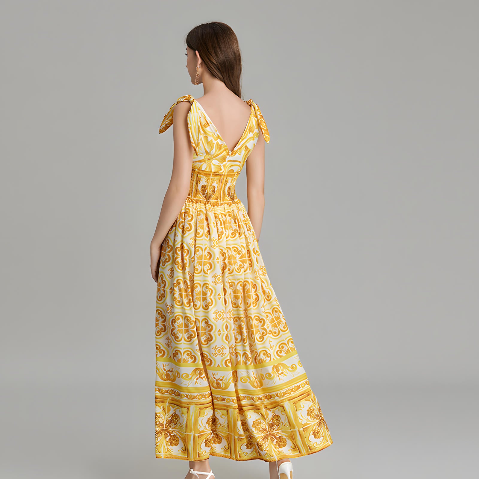 Celadon Print V-Neck Blue A Line Long Dress With Elasticated Wait - 815251322071_YEL