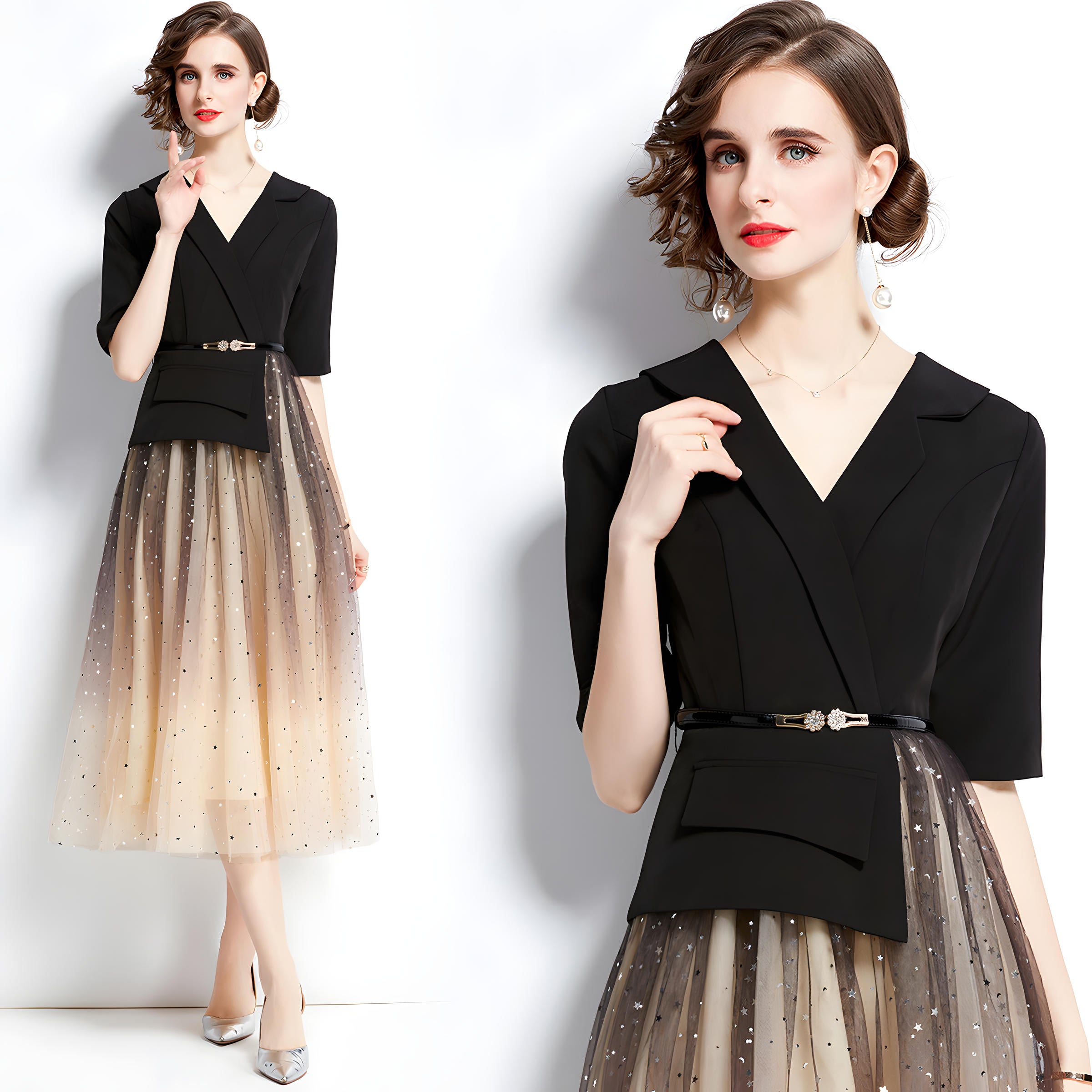 Sequin Mesh Skirt And Jacket Dress With Belt - 651839166381_BAS