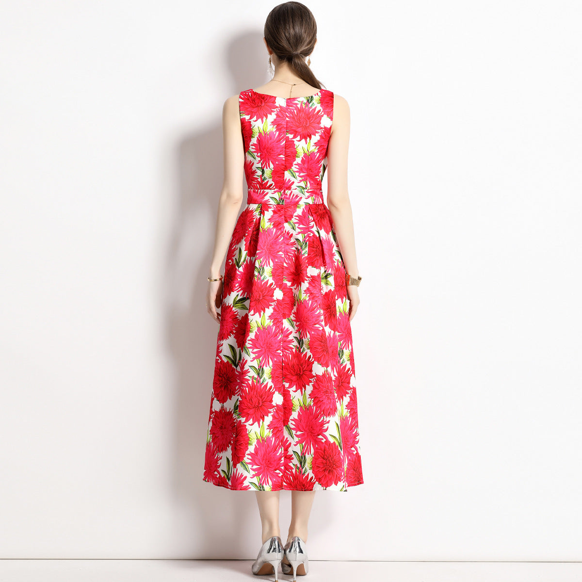 Sleeveless Boat Neck Fitted Vest Box Pleated Skirt Printed Satin Dress - 9006#701_BAS