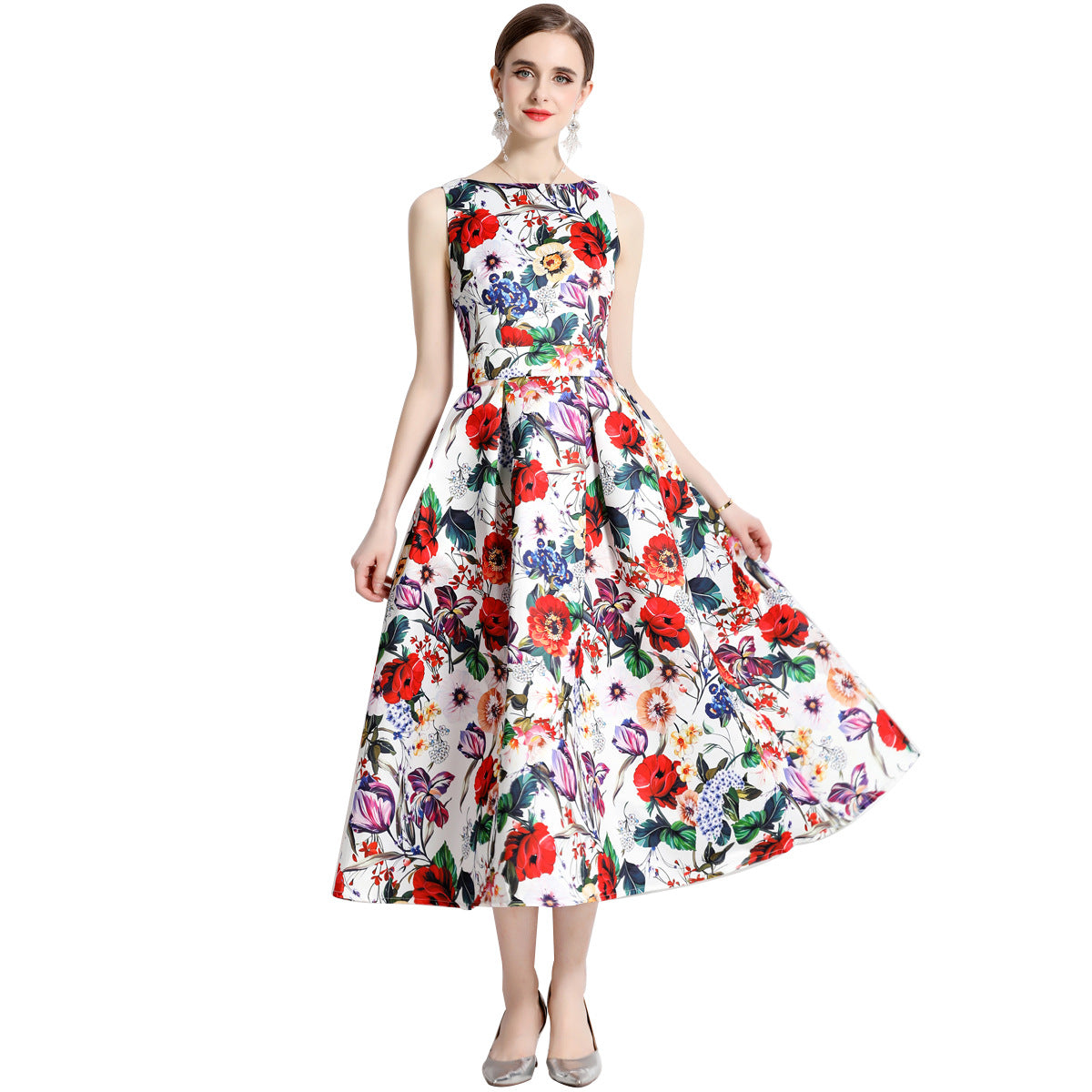 Sleeveless Boat Neck Fitted Vest Box Pleated Skirt Printed Satin Dress - 710550577474_BAS