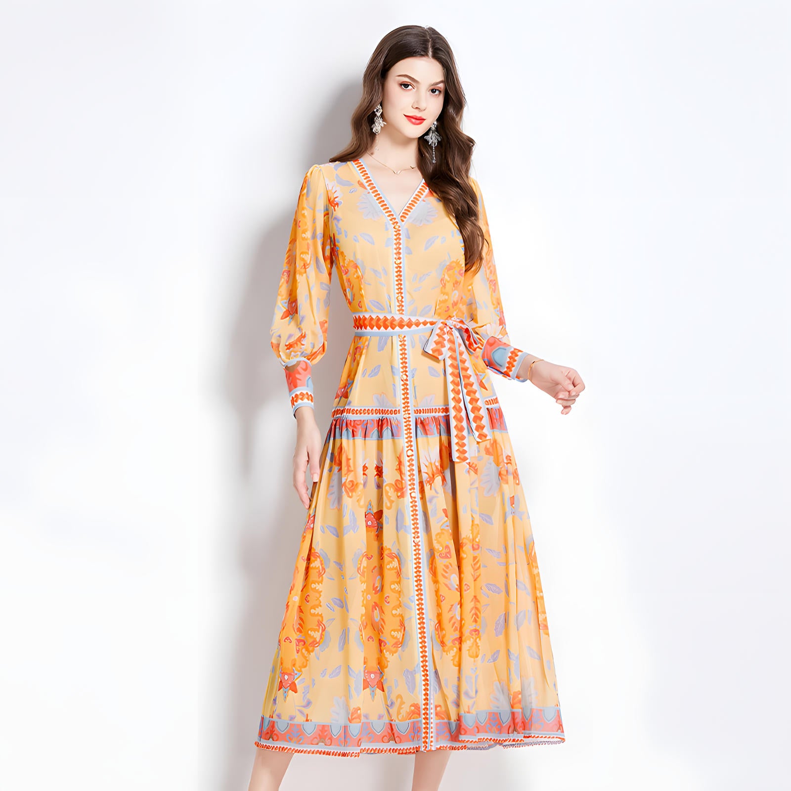 Printed Chiffon Plunging V - Neckline Front Split Long Dress With Waist Band - NRJ-720#2491