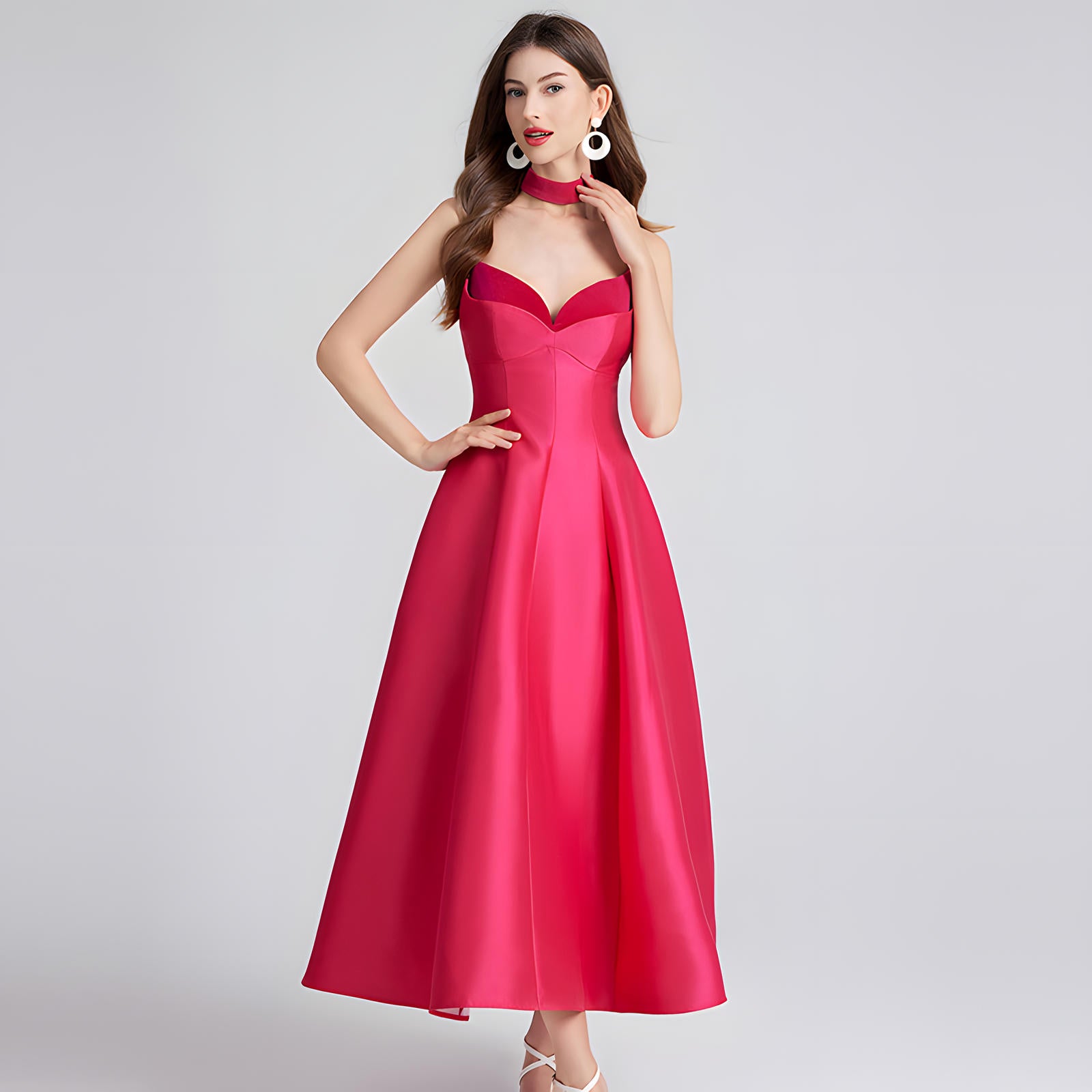 Sweetheart Neckline Rose Red Satin Party Dress with a Hepburn-Style Skirt Fitted Bodice and Neck Band - 800116697016_ROS