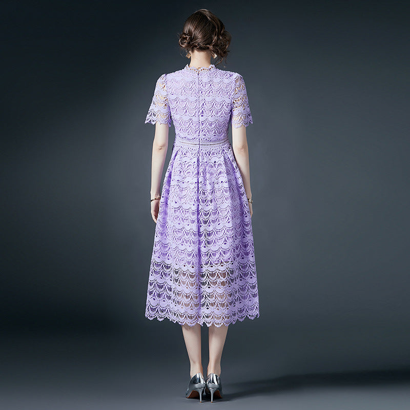 French Crocheted Lace Round Neck A - Line Lavender Dress - 780762721926