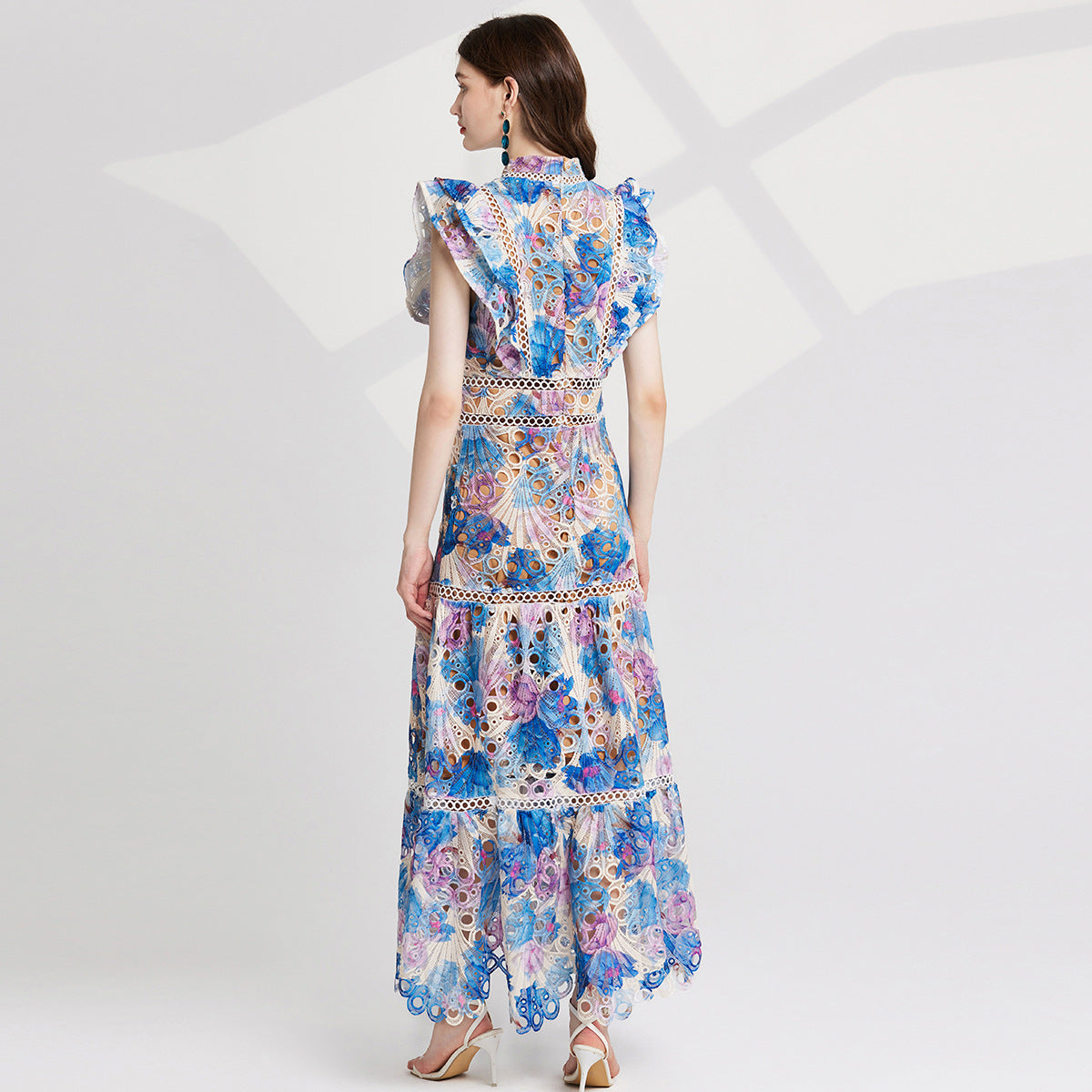 Luxury French Lace Blue Long Dress With Flutter Sleeve - 827491131616_BLU