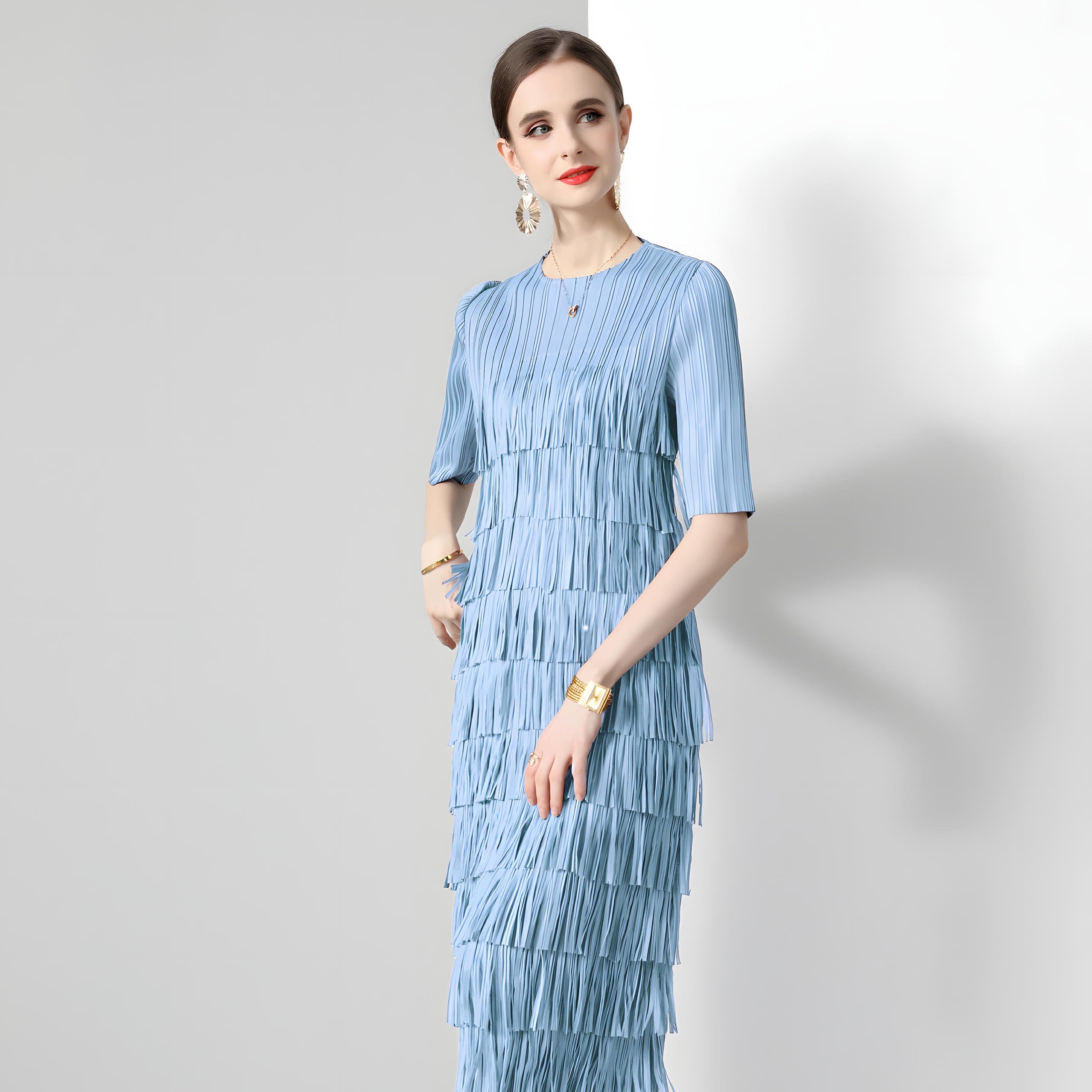 Multitier Fringe Stretchable Free Size Party Blue Dress - 764154489541_ZY_BLU