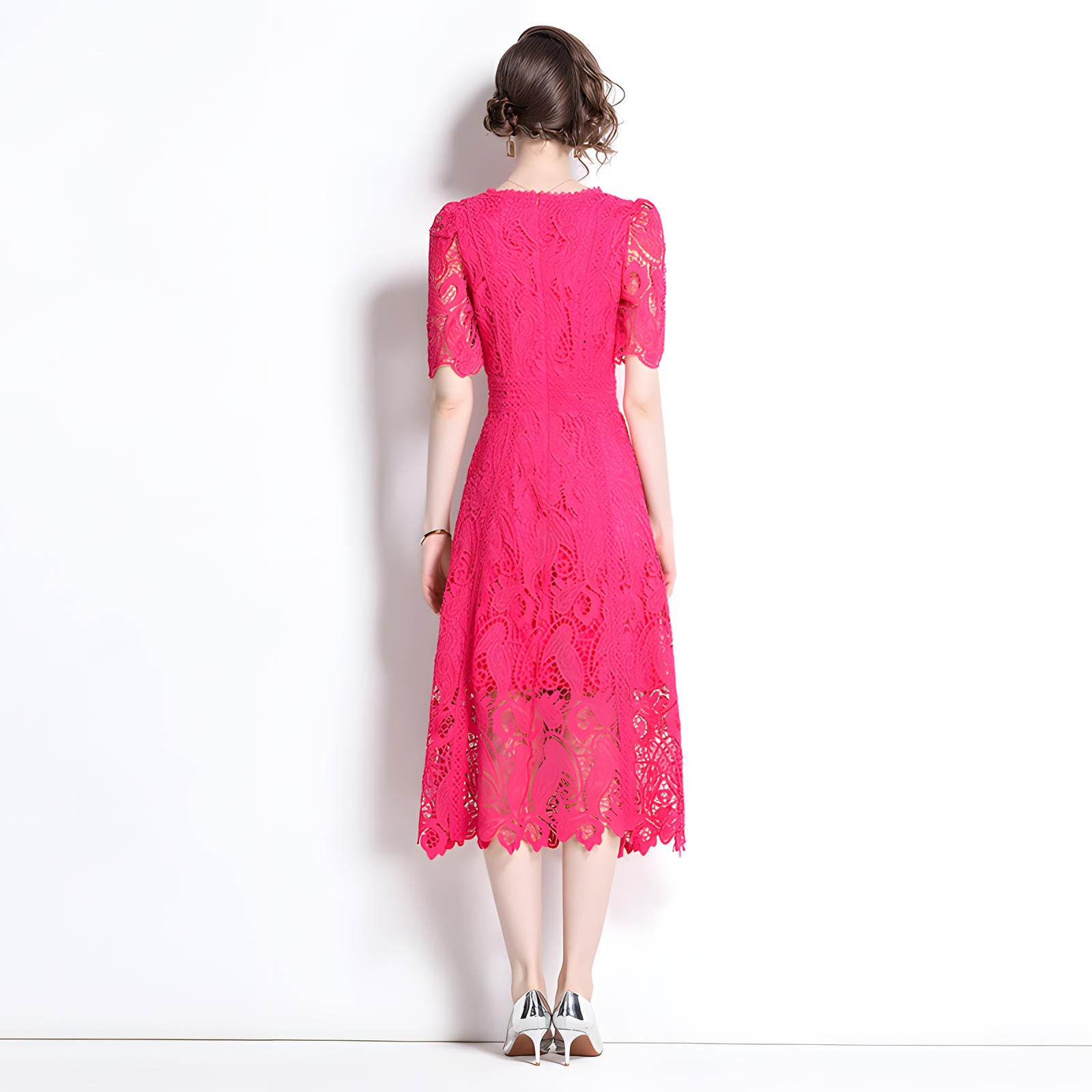 Crew Neck French Lace Rose Red Dress - 799906103340_BAS
