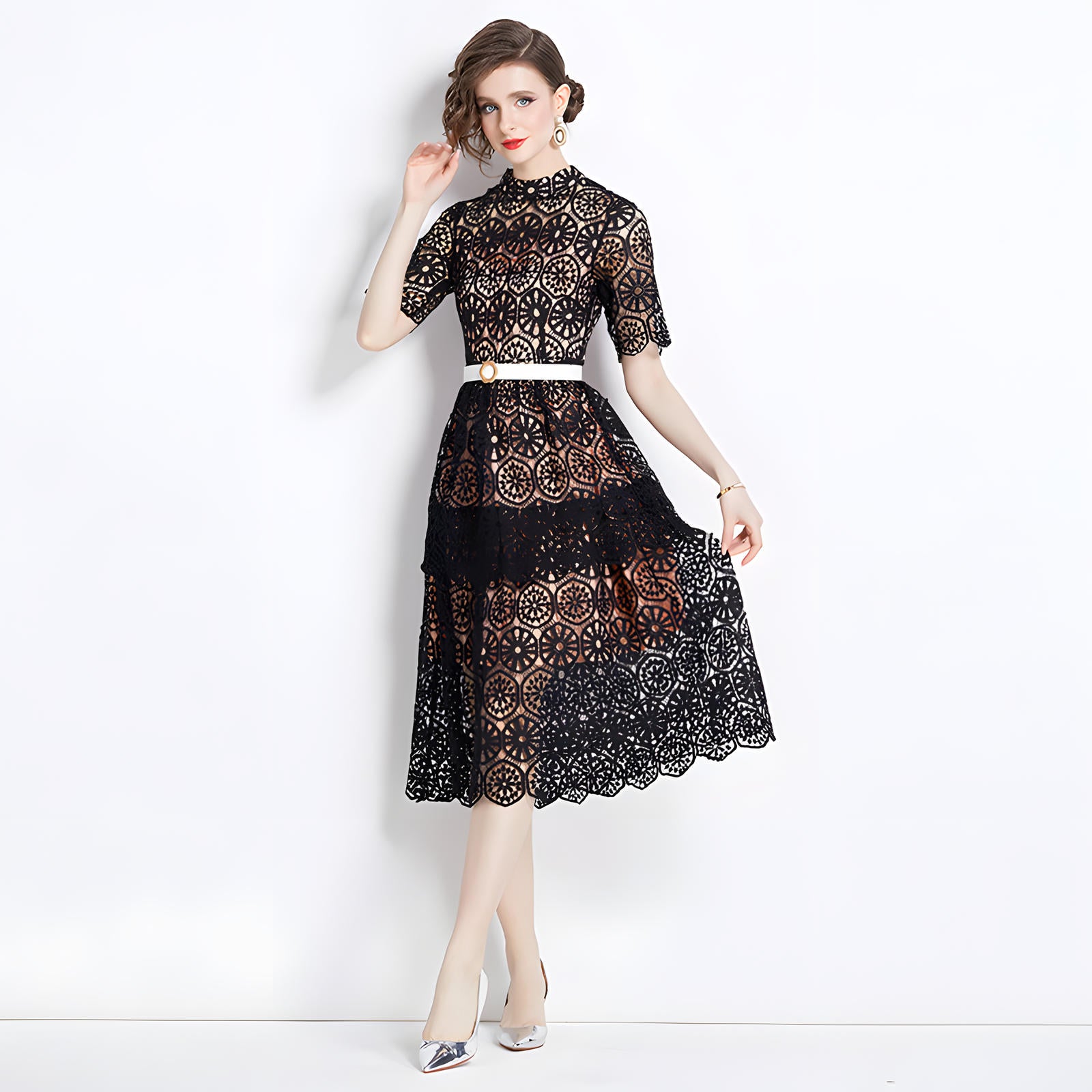 Luxury Multilayer French Lace High Neck Black Dress With Belt - 510#609_BLA