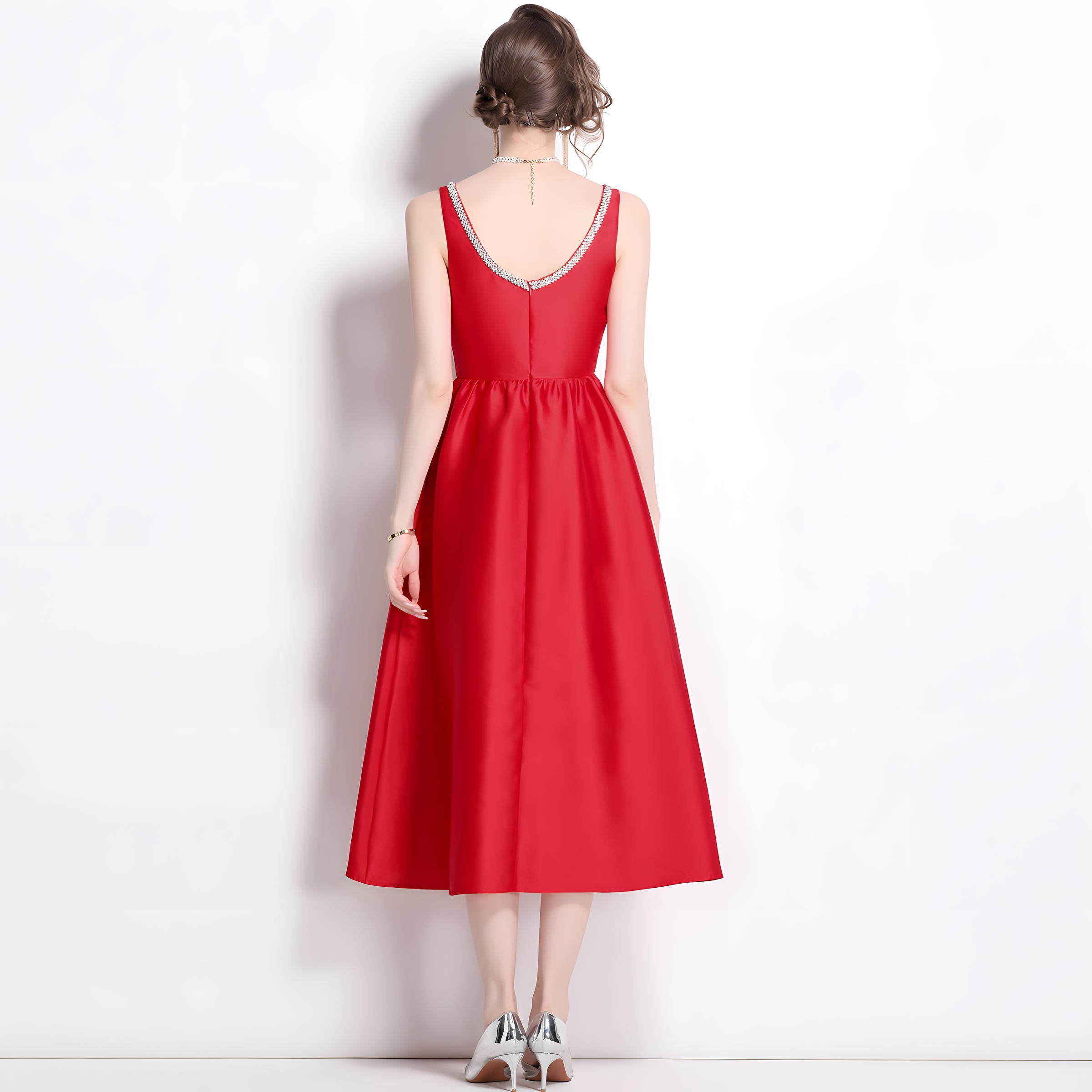 Fitted Vest Armhole Dart Red Satin Dress With Jewel Embellished Neckline - 816757242555_BAS