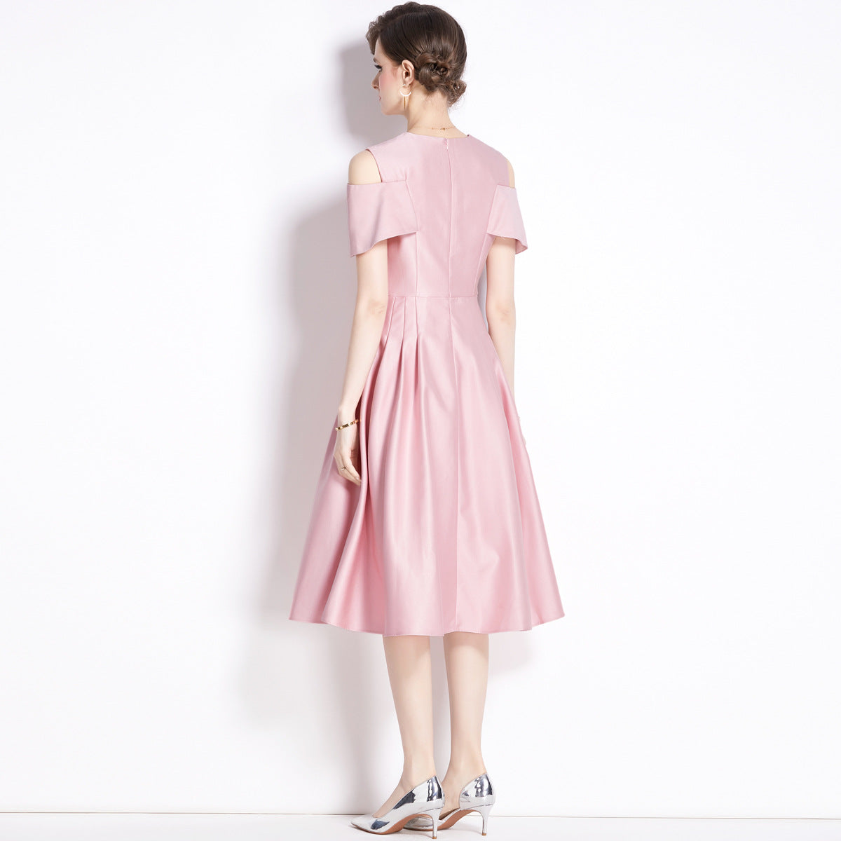 Off Shoulder V - Neck Fitted Vest Tucked Pleats Skirt Pink Solid Satin Dress - NRJ-701A#1645_3