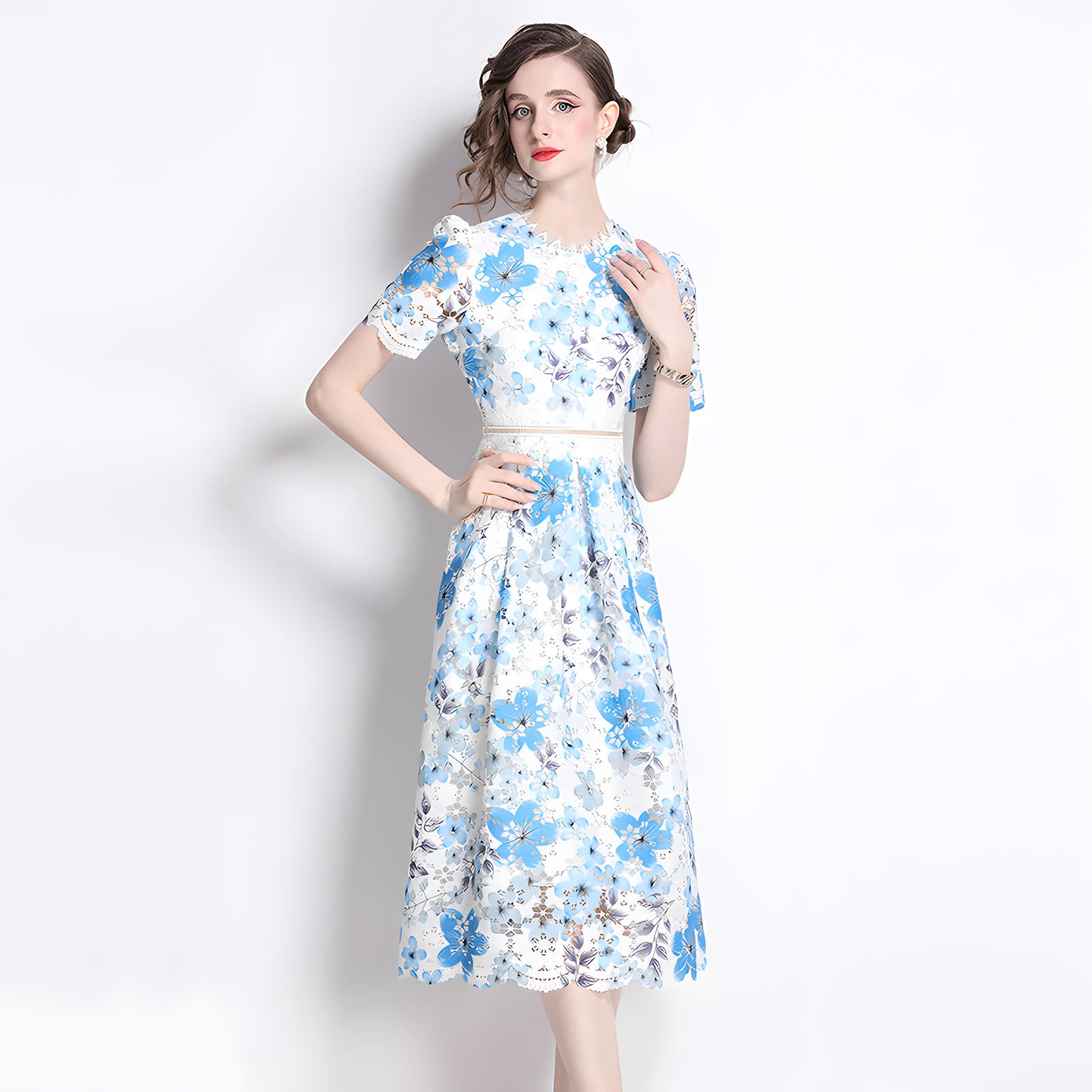 French Printed Flower Lace Jewel Neckline Retro Dress - 795245132736_BAS