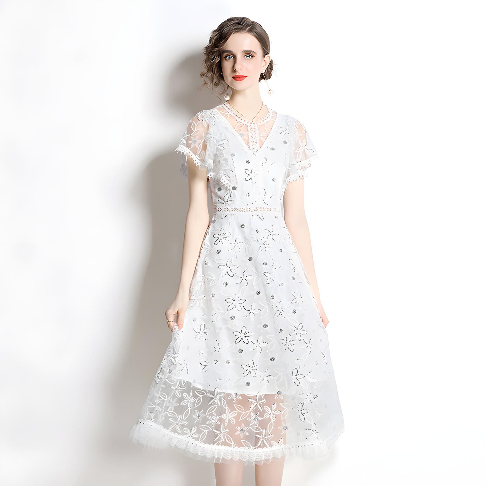 Luxury Silk Thread Embroidery Mesh and Lace Butterfly Sleeve White Dress With Sequin Flowers - 6559607
