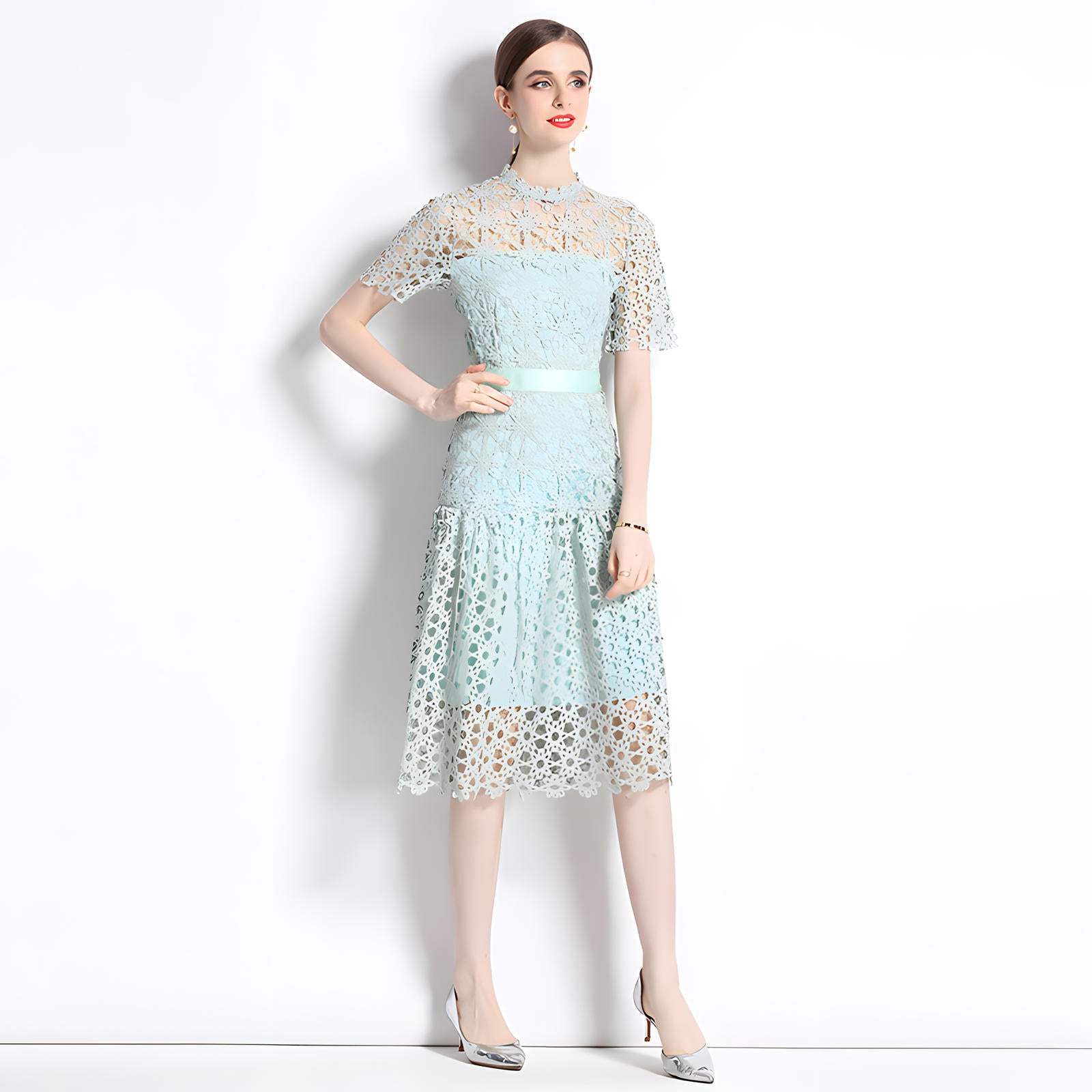 French Crocheted Lace Round Neck A - Line Aqua Green Dress - 332#609