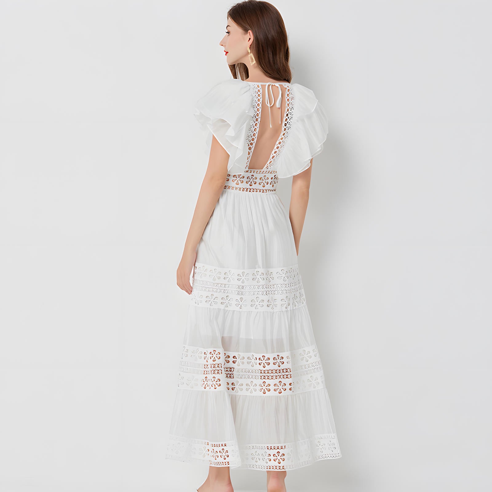 Summer Seaside Vacation French Lace White Long Dress - 812508106214_BAS
