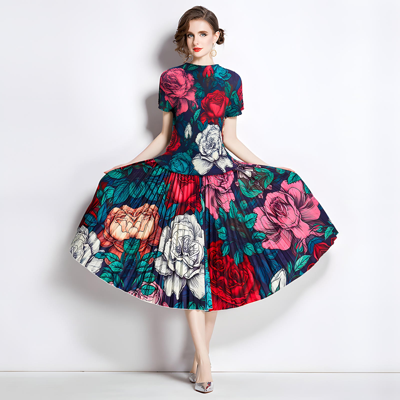 Floral Symphony Miyaki Fold Blouse Pleated Skirt Two Piece Chiffon Set - 777097211005_BAS