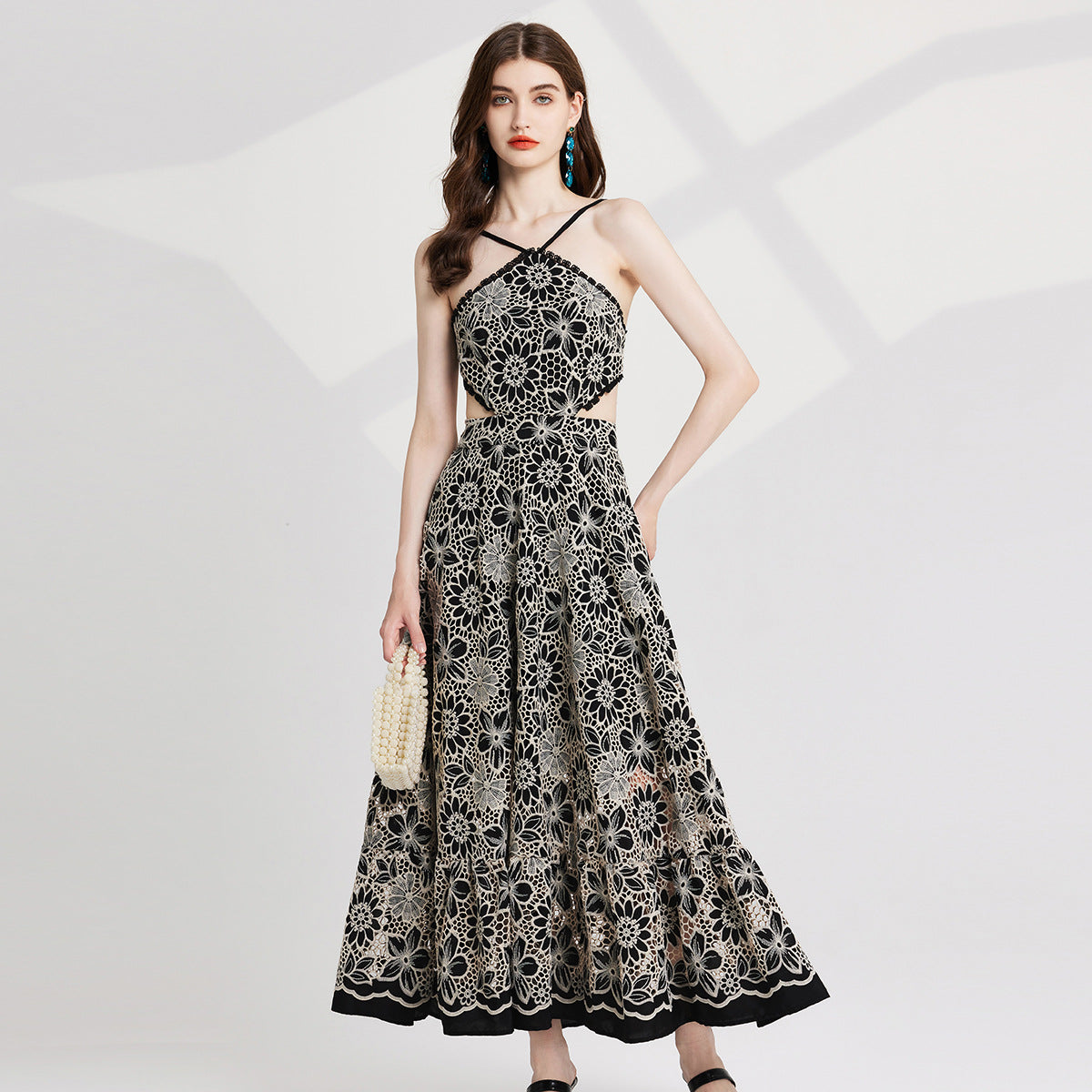 Luxury French Lace Halter Neck Holiday Breeze Black Dress - 829851111269_BLA