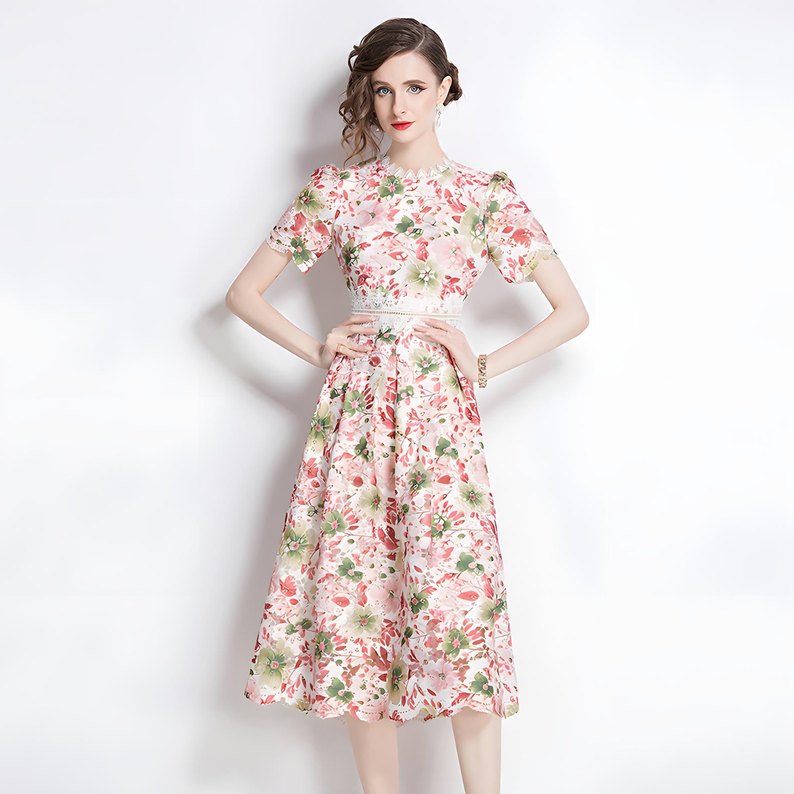 French Printed Flower Lace Jewel Neckline Retro Dress - 795256872065_BAS