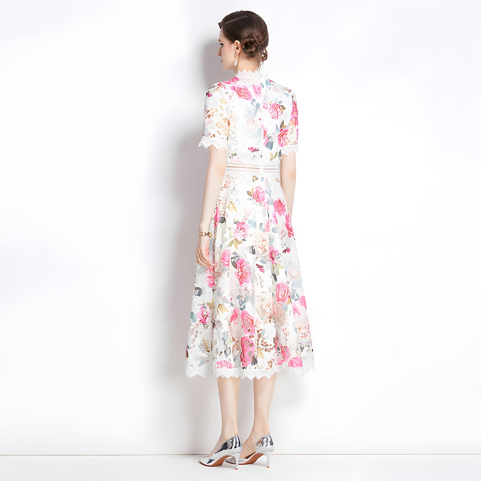 French Printed Flower Lace Jewel Neckline Retro Dress - 795039331524_BAS