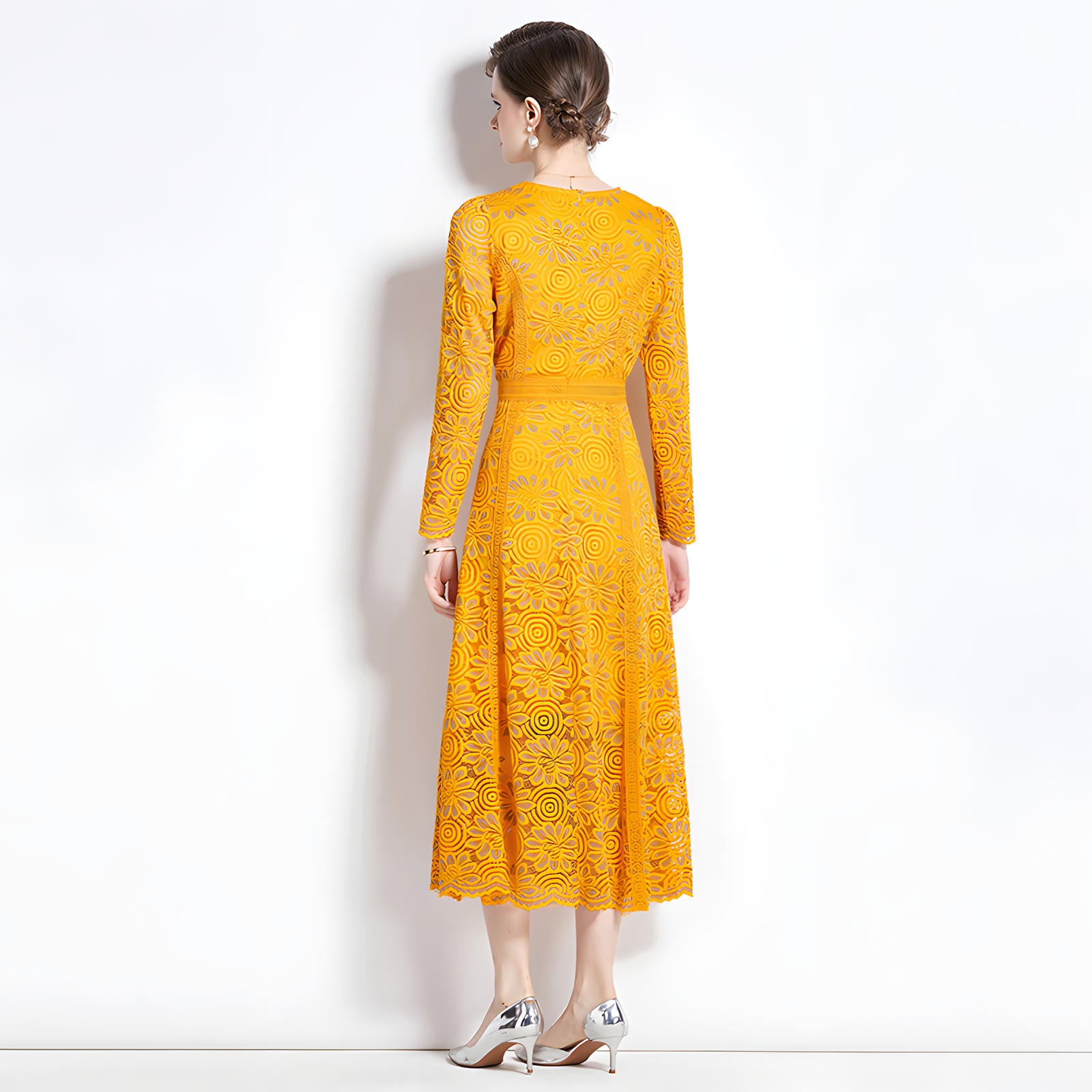 Luxury French Lace Full Sleeve Round Neck Long Dress - 6938#607_YELLOW
