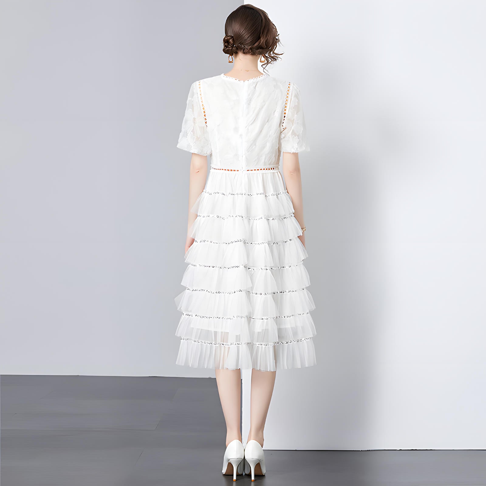 Multilayer Sequinned Mesh Skirt Flower Embroidered Vest Dress - 787365833312_WHI