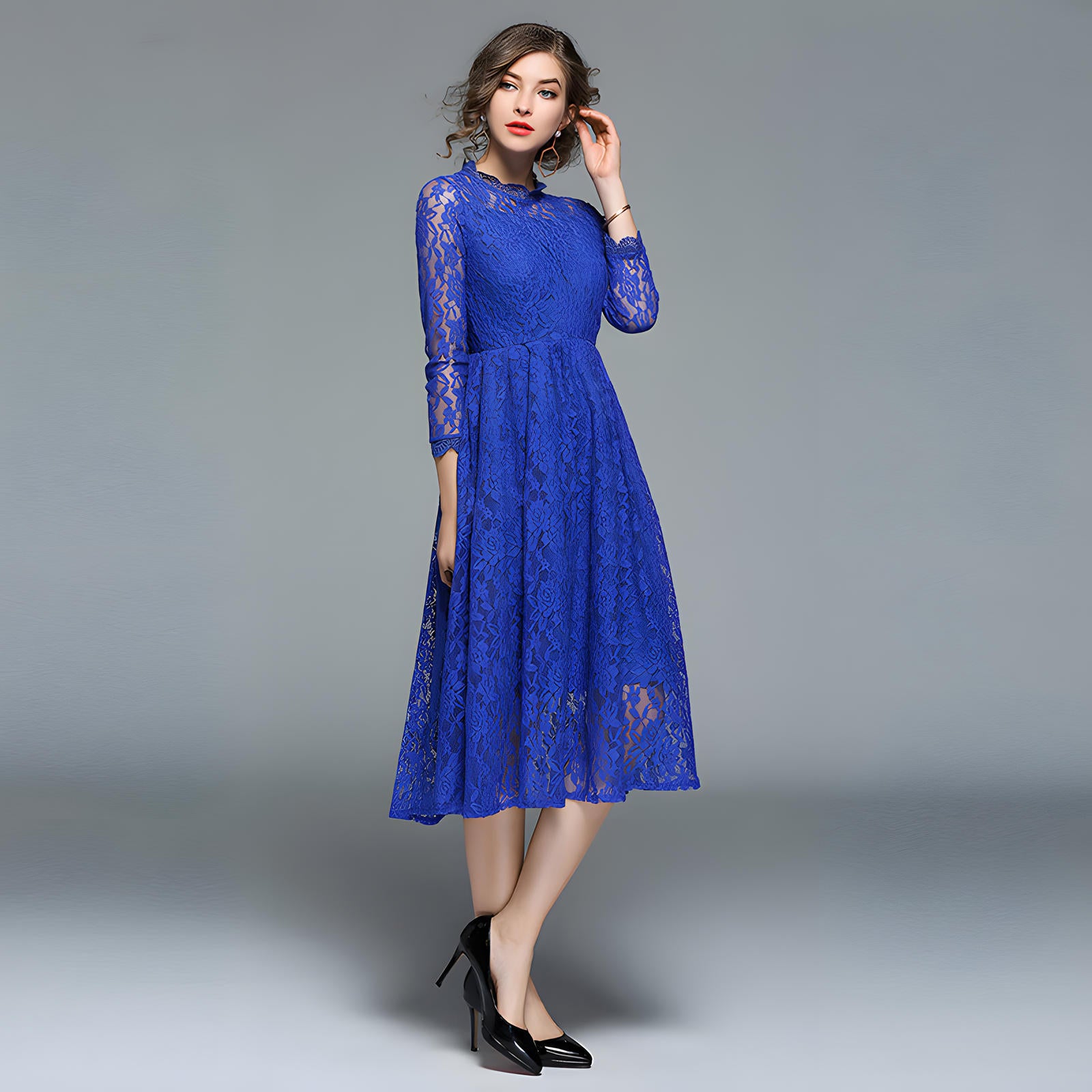 Luxury French Lace High Neck Retro Electric Blue Dress - 405#609 (EOSS)
