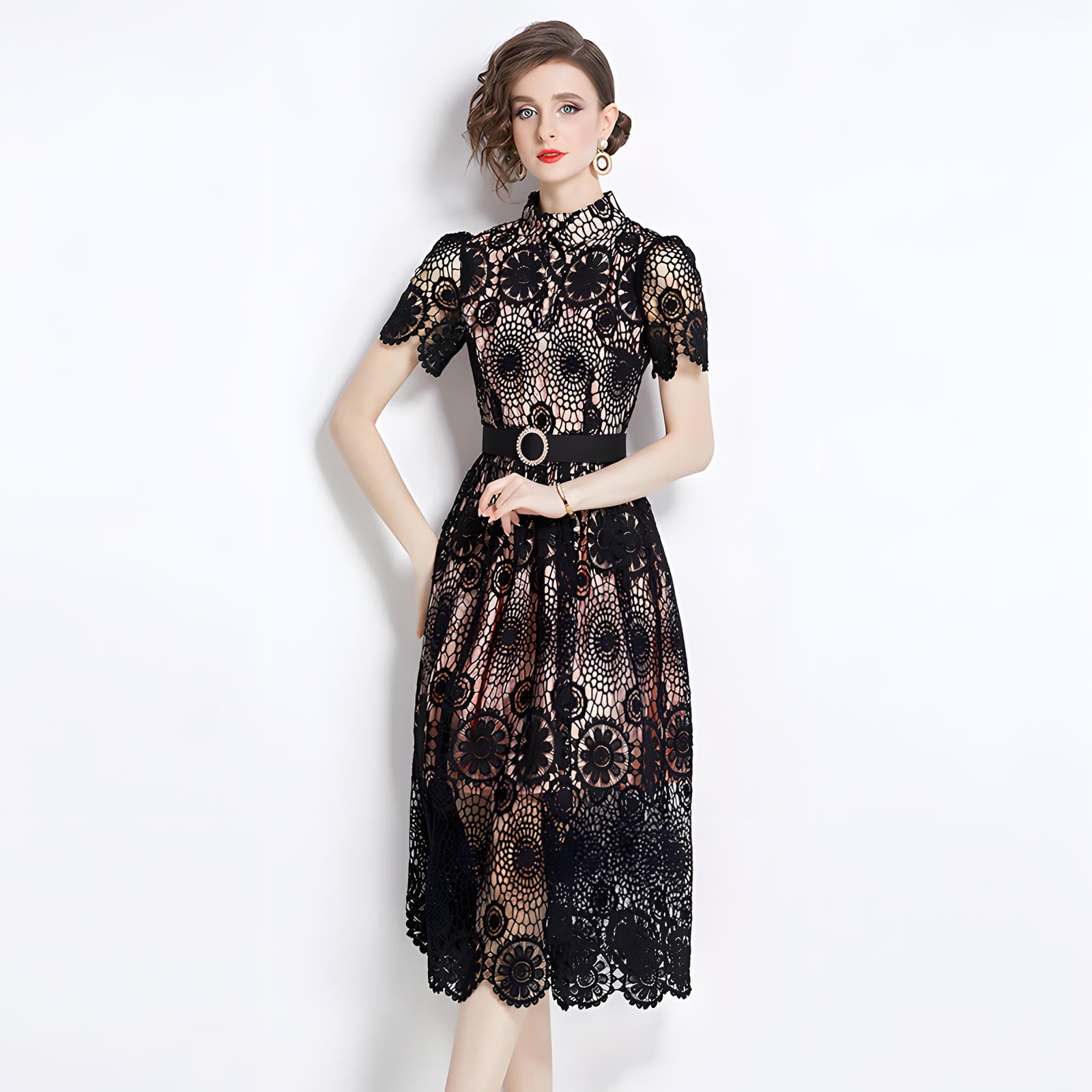 Luxury French Lace High Neck Front Button Black Dress With Belt - 500#609_BLA