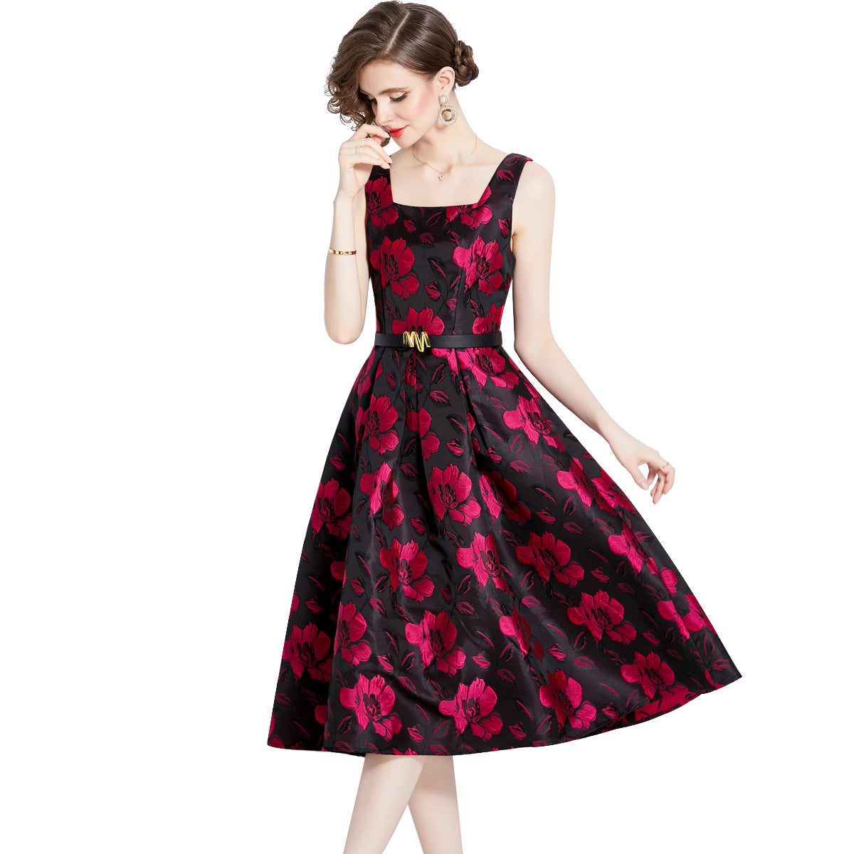 Sleeveless Square Neck Self Texture Jacquard Pleated Fitted Dress - 2085#701