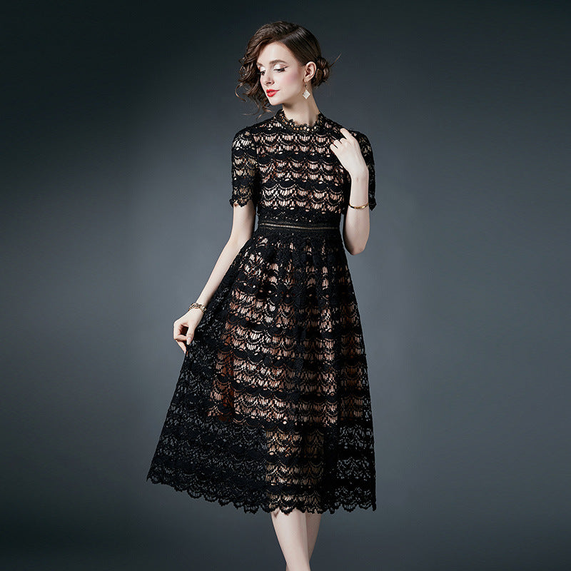 French Crocheted Lace Round Neck A - Line Black Dress - 780697439219