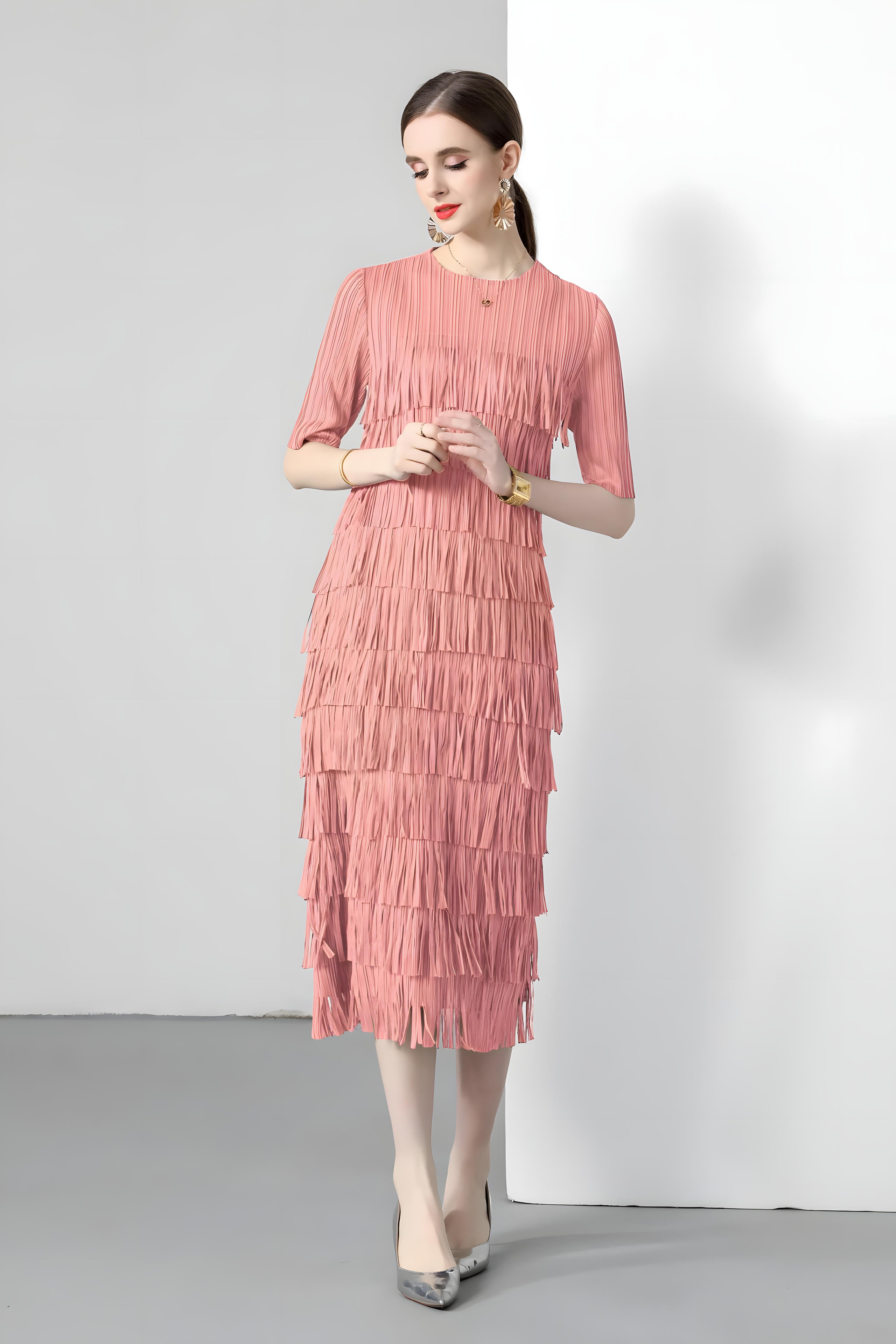 Multitier Fringe Stretchable Free Size Party Peach Dress - 764154489541_ZY_PEA