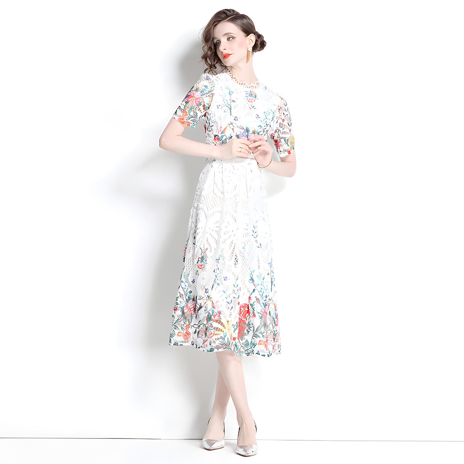 Printed Flower French Lace Jewel Neckline Dress - 802164123981_BAS