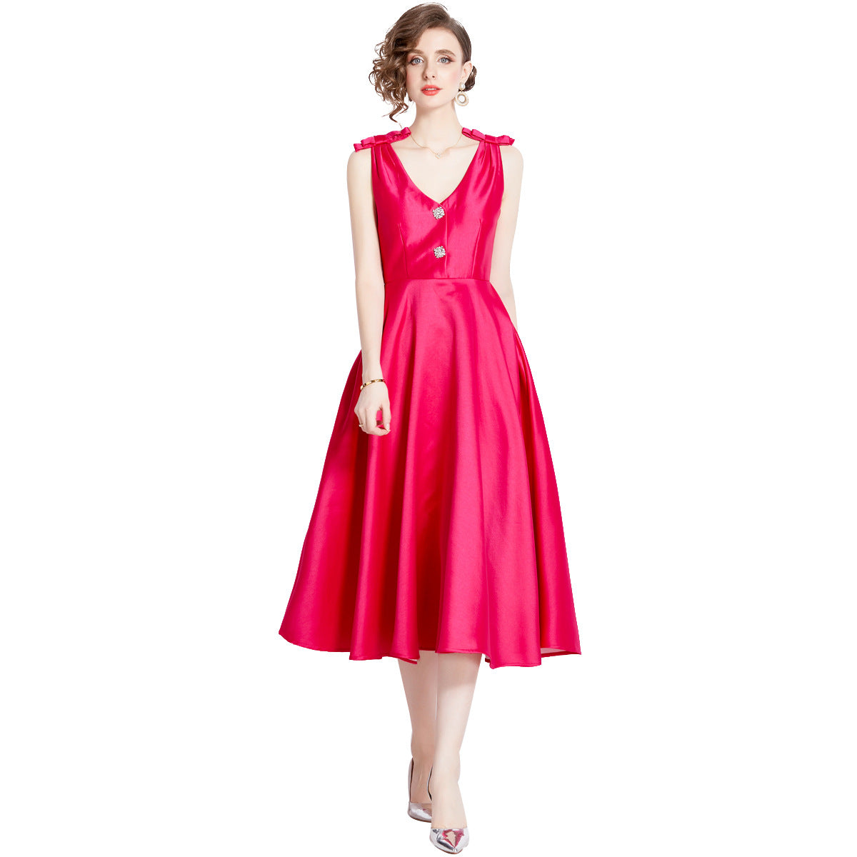 Hepburn Style Shoulder Bow V Neck Solid Hot Pink Satin Dress - 1630#701