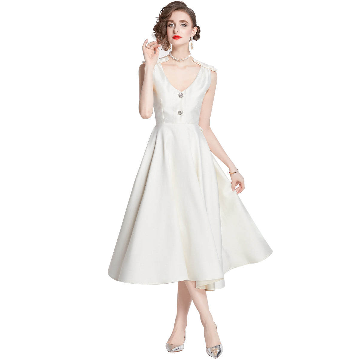 Hepburn Style Shoulder Bow V-Neck Solid White Satin Dress - 1635#701