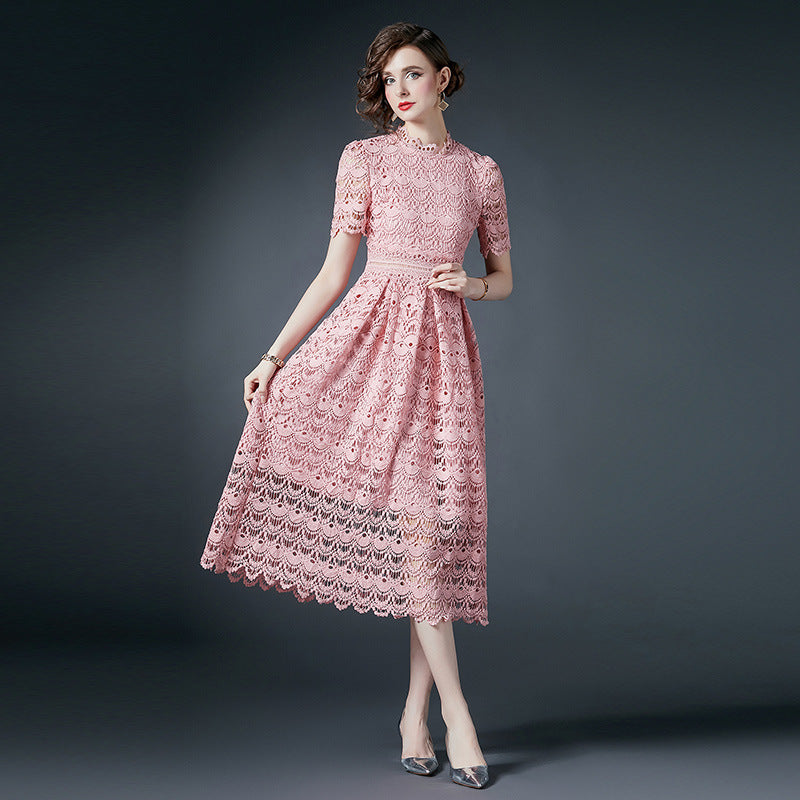 French Crocheted Lace Round Neck A - Line Pink Dress - 780758588212