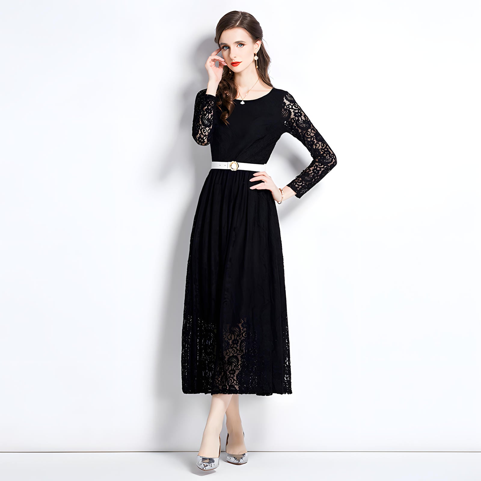 French Lace Long Sleeve Round Neck Long Dress With Belt - 751304773250