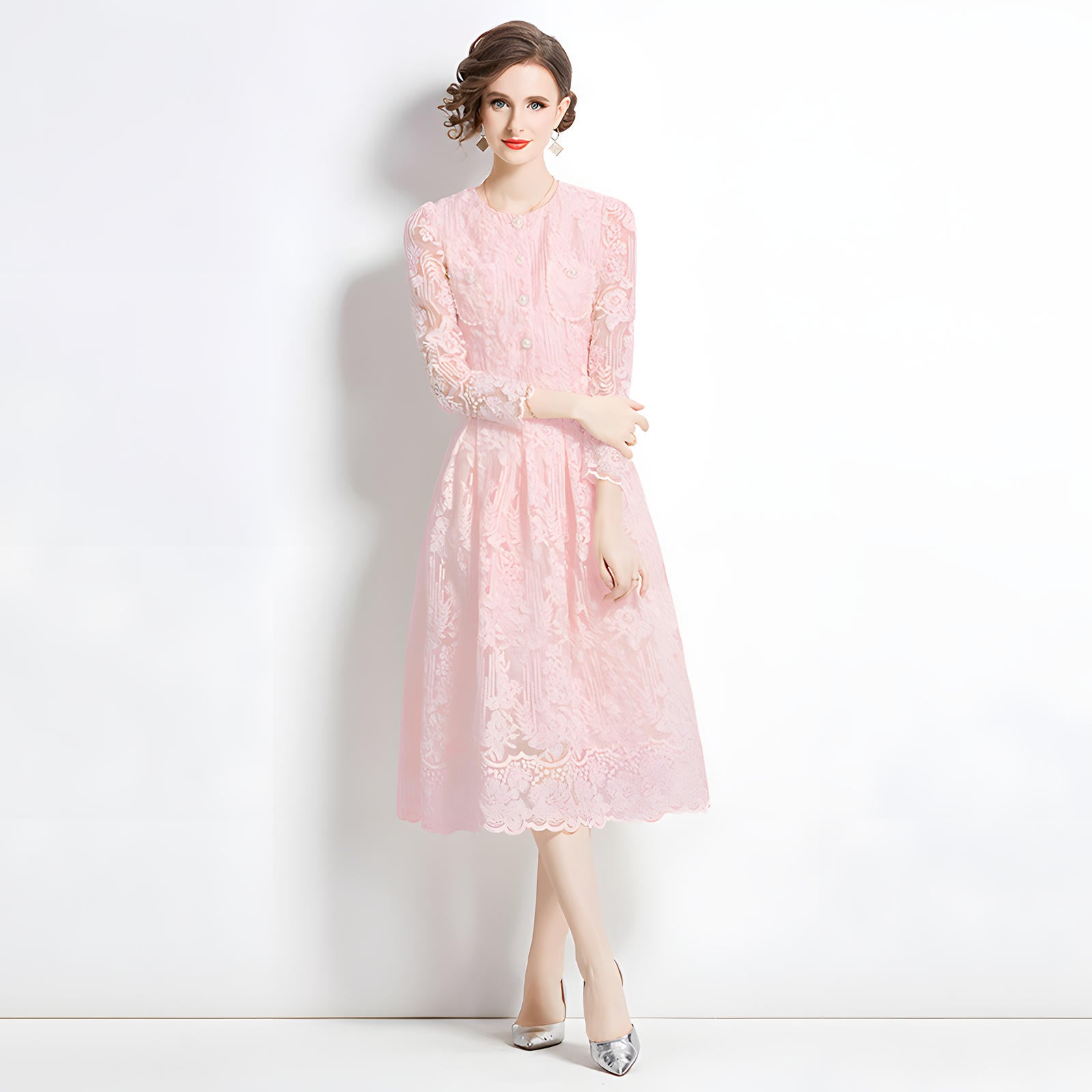 Embroidered French Lace Single Breasted Full Sleeve Blouse and Skirt Two Piece Set - 8566 #607_PINK (EOSS)