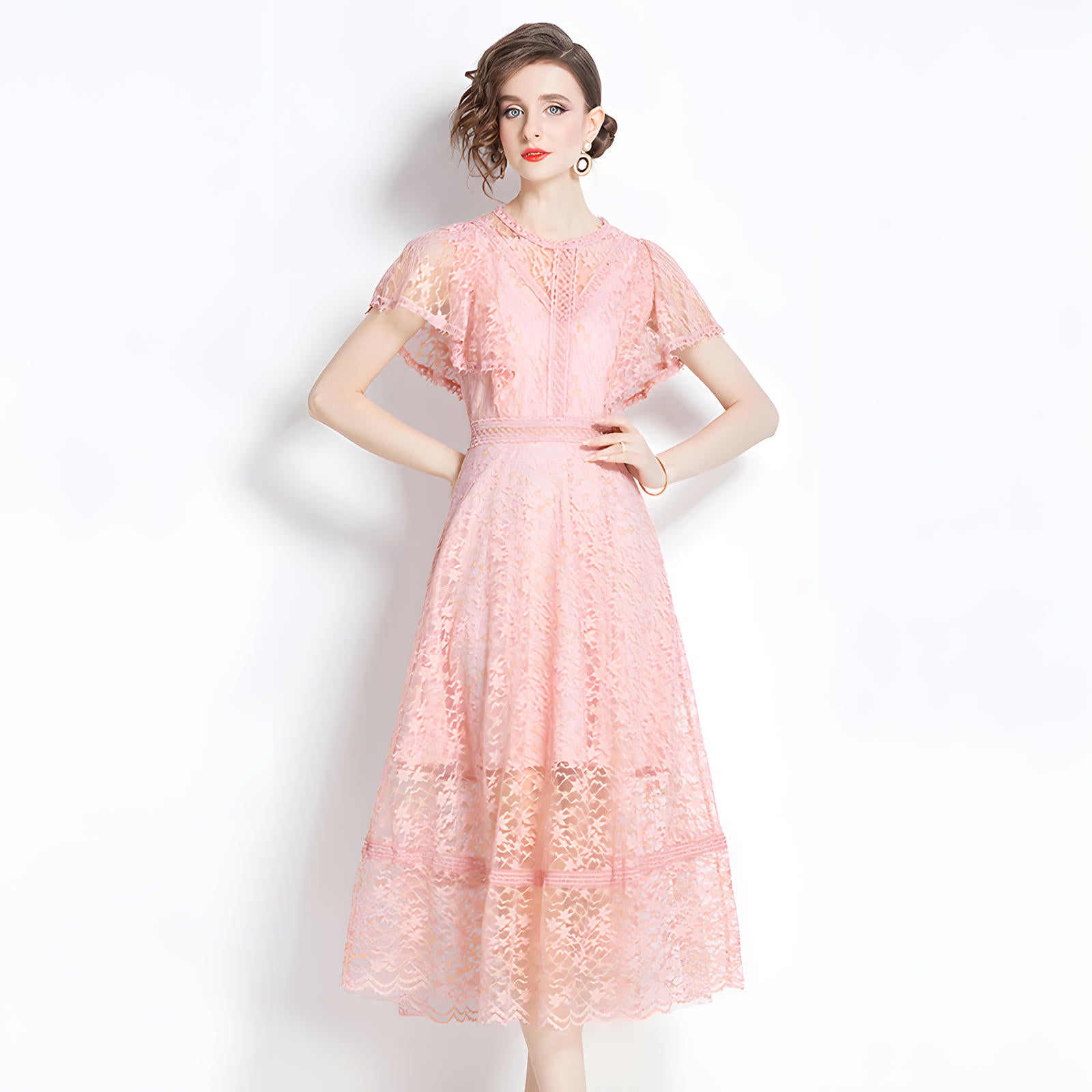 Luxury French Lace Round Neck Butterfly Sleeve Pink Dress - 787276650812