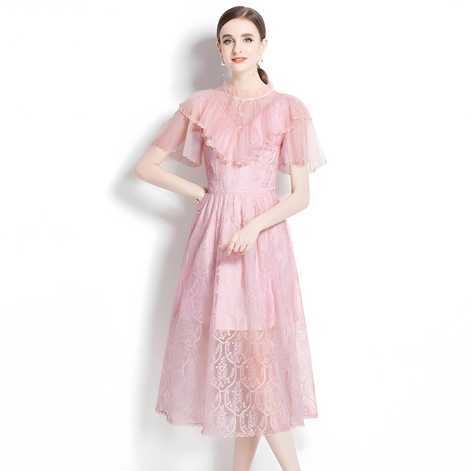 Embroidered French Lace Ruffled Vest High Neck Soft Pink Neck Dress - 728916375940_BAS