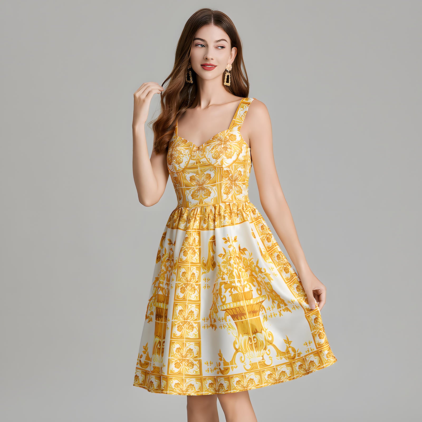 Baroque Pattern Printed Short Retro Dress With Corset Top - 815248774241_BAS