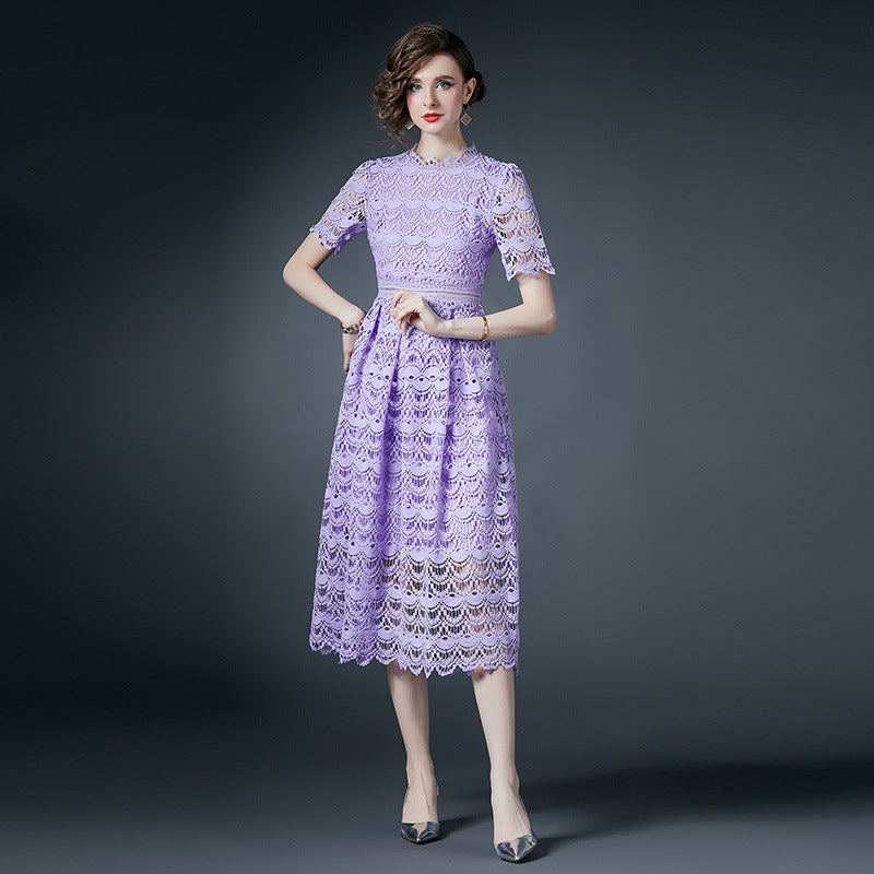 French Crocheted Lace Round Neck A - Line Lavender Dress - 780762721926