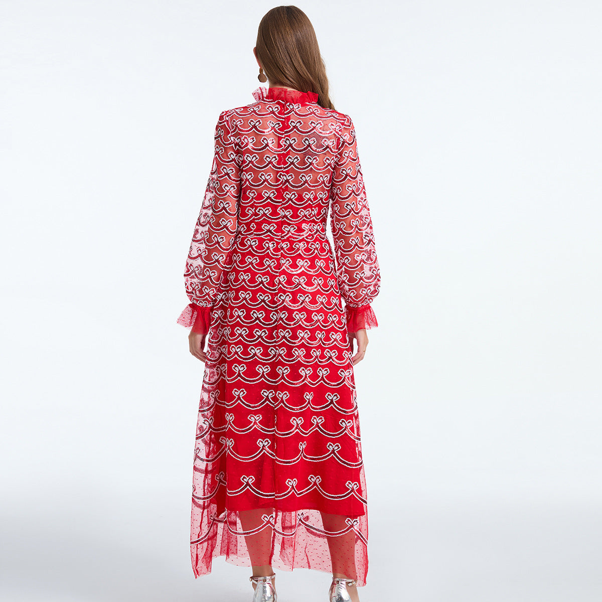 Crimson Symphony Mesh and Sequin Dress - 852089082902_RED