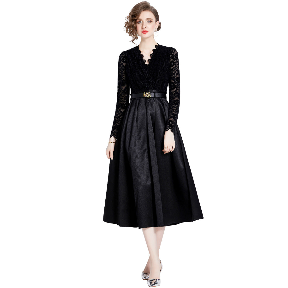 Retro Style Lace Blouse And Satin Skirt Black Dress With Belt - 760609456758_BAS