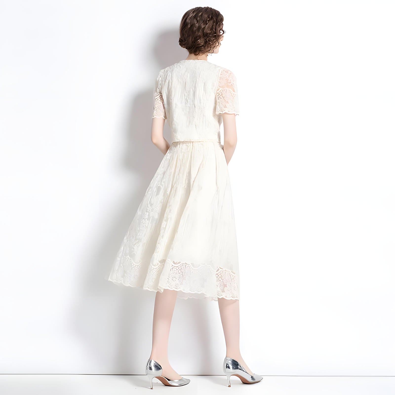 Embroidered French Lace Single Breasted Blouse and Skirt Two Piece Set - 8562#607_WHITE