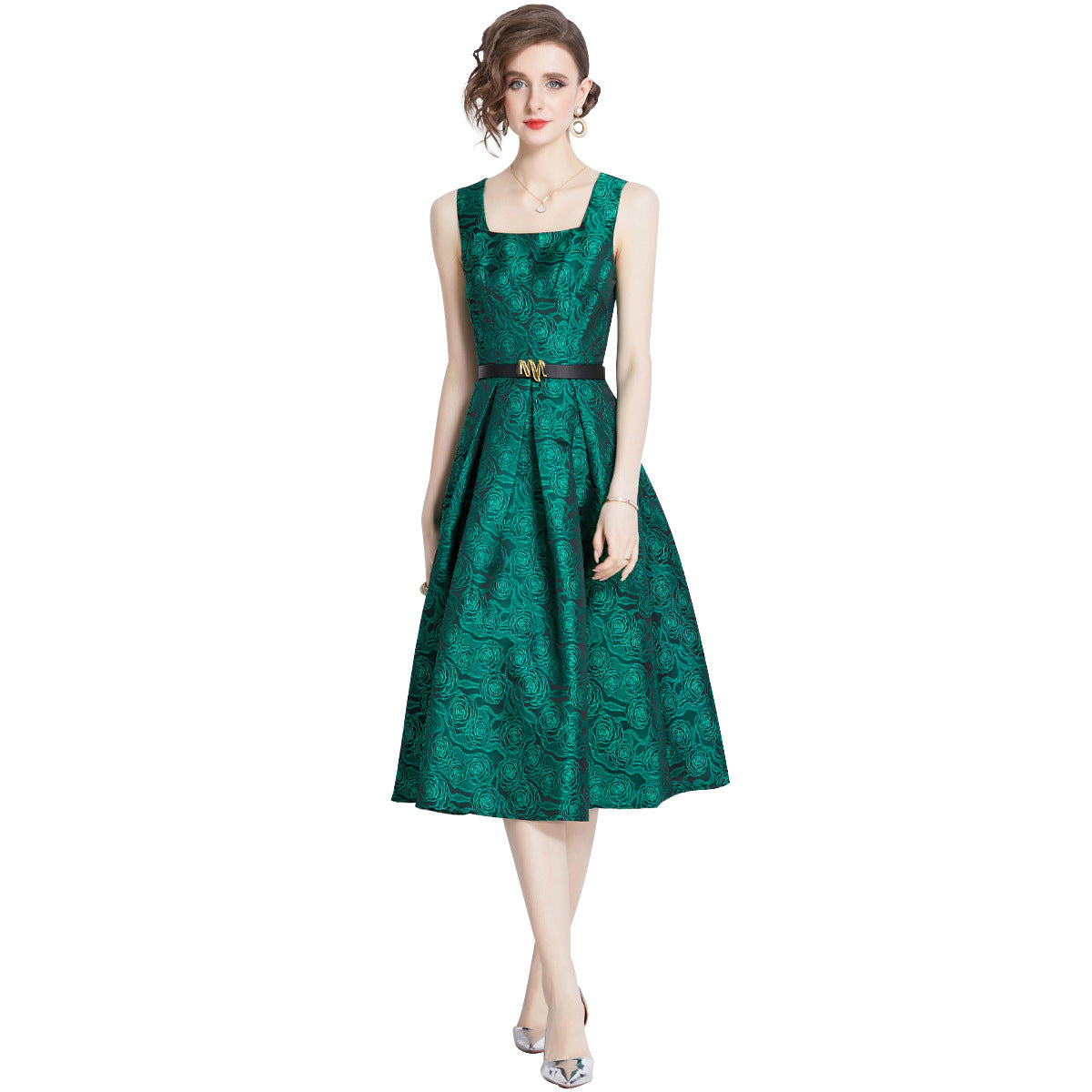 Sleeveless Square Neck Self Texture Jacquard Pleated Fitted Dress With Belt - 2089#701 (EOSS)