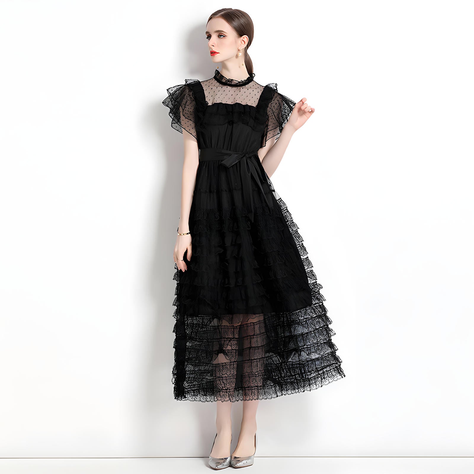 High Neck Polka Dot Mesh Multitier Skirt Elasticated Waist Butterfly Sleeve Black Dress With Satin Belt - 716644450507_BAS