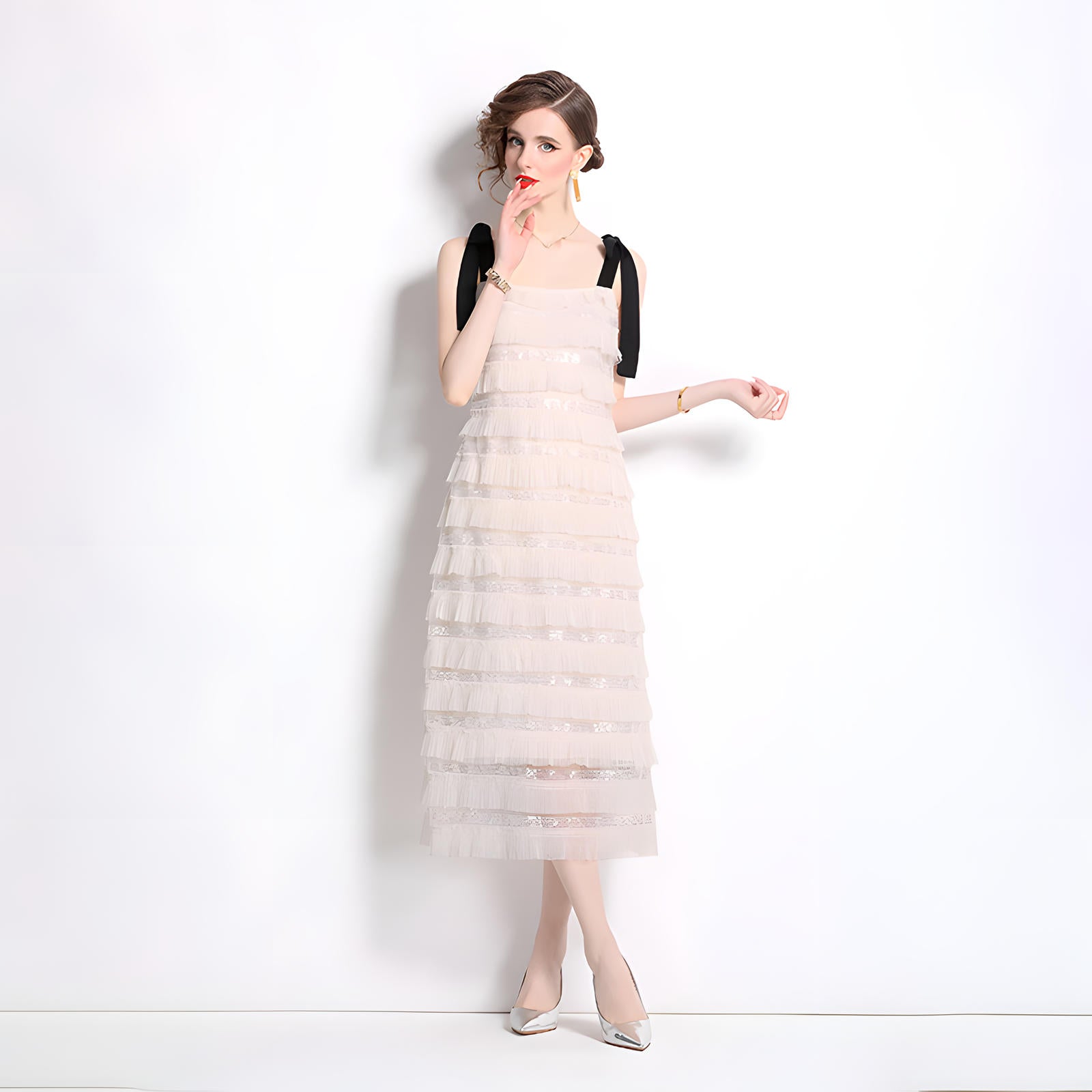 Multitier Ruffle Mesh Suspender Dress With Sequin Embroidery - 804837667850_BAS