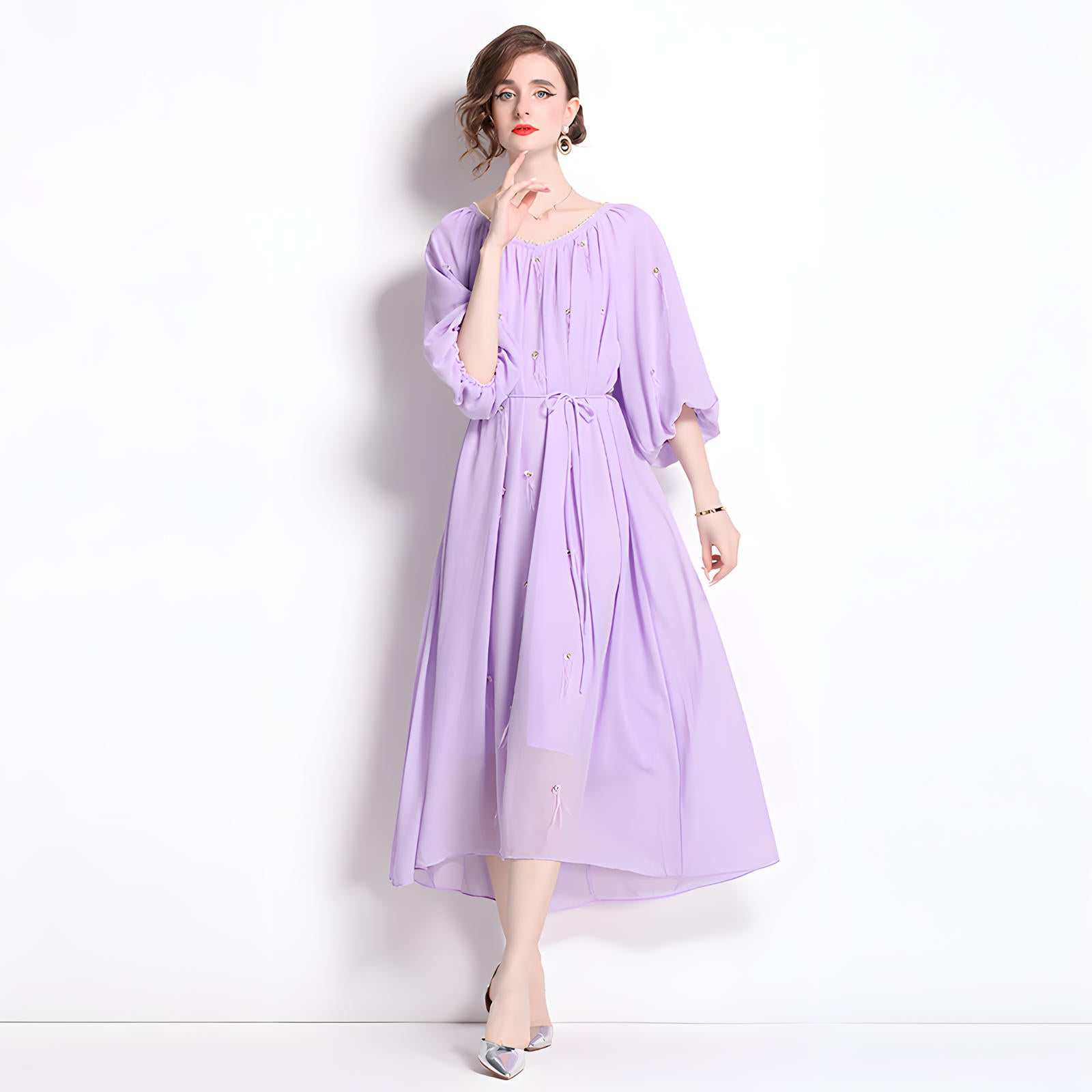 Tassel and Jewel Embellished Lavender Chiffon Dress - 808431656493_LAV