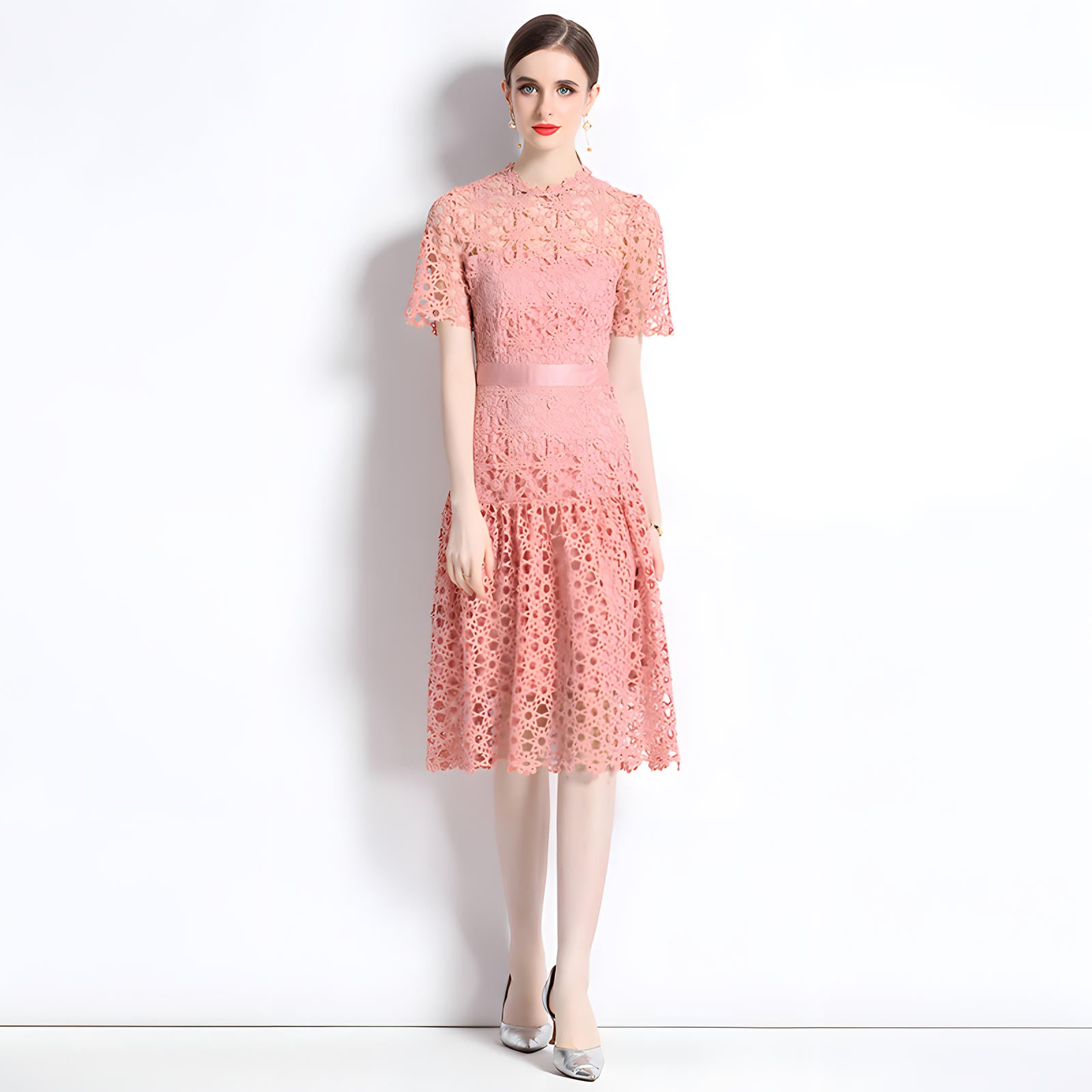 French Crocheted Lace Round Neck A - Line Peach Dress - 331#609
